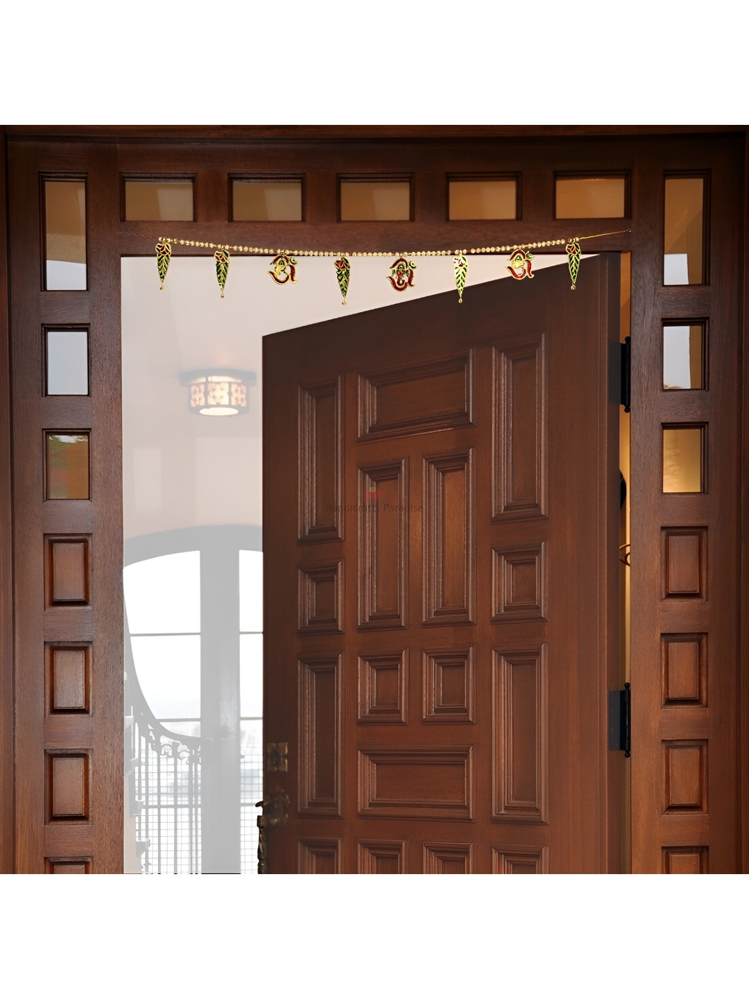 HANDICRAFTS PARADISE Beige & Green Om Engraving Pattern Metal Traditional Hanging Toran