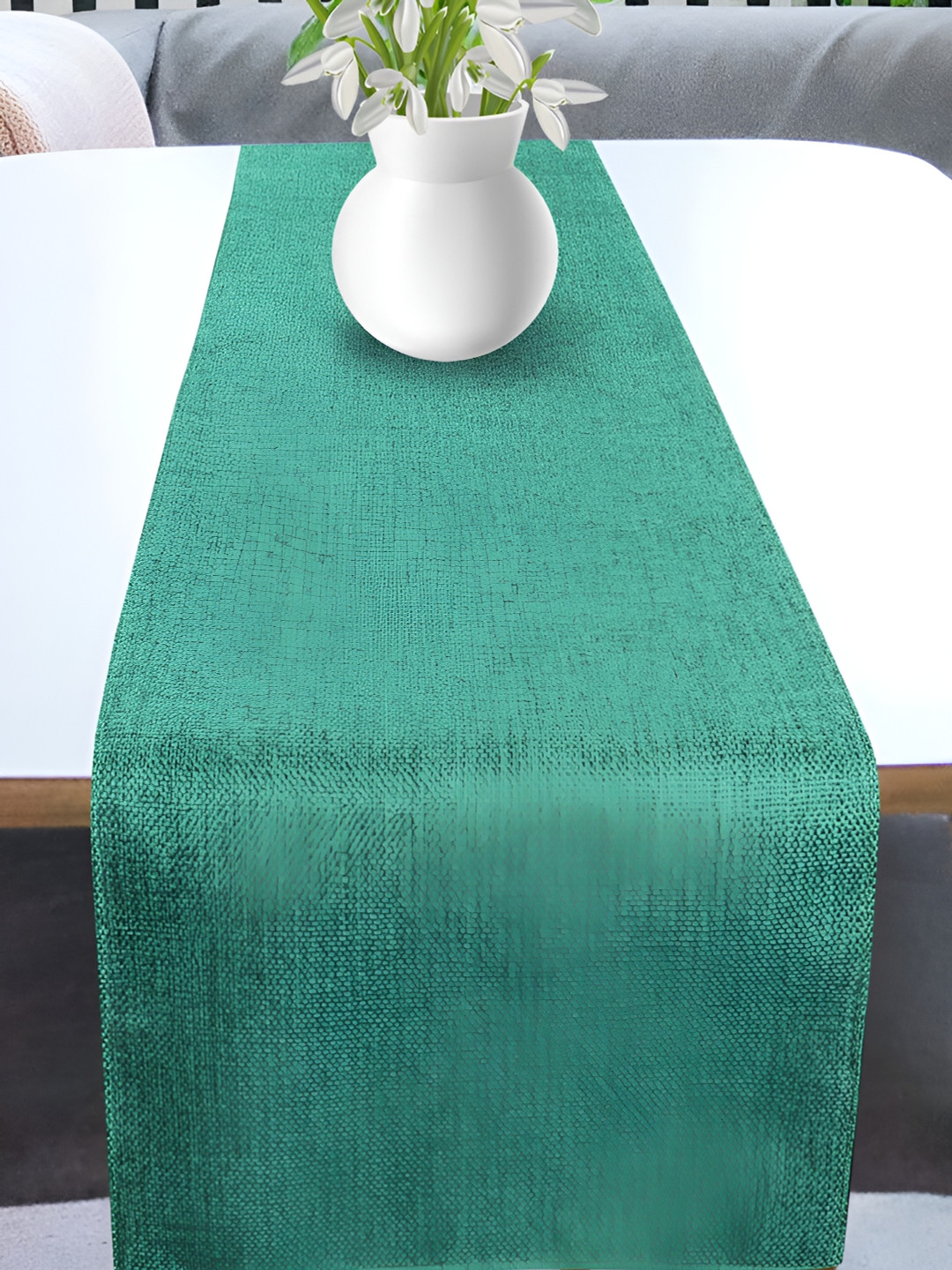 FABURAA Green Self Design Pure Jute Table Runner