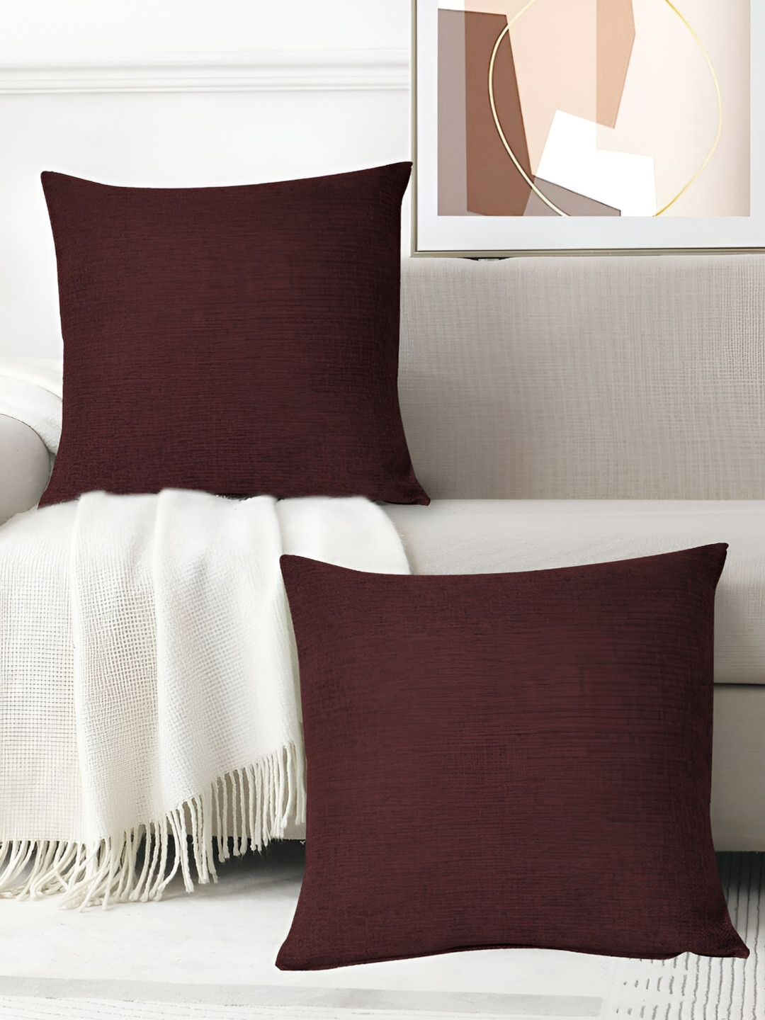 FABURAA Brown Jute Ultra Soft 2 Textured Square Cushion Covers -18x18In