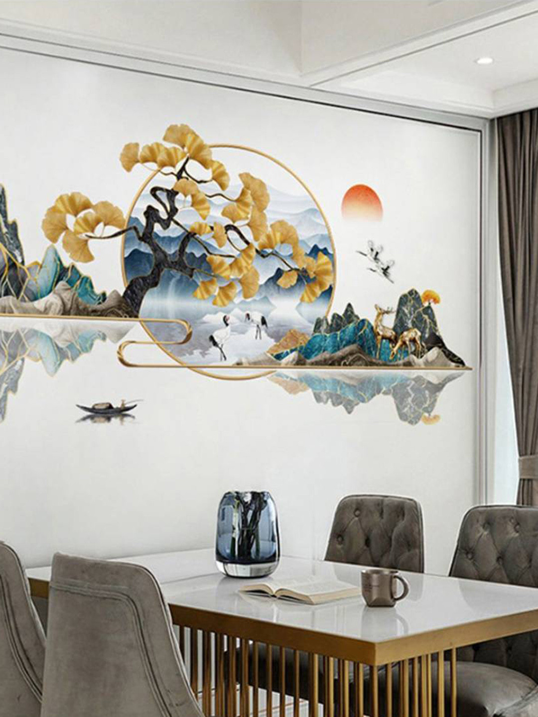 Jaamso Royals Blue & Yellow Scenery Flowers Printed Self-Adhesive Wall Sticker