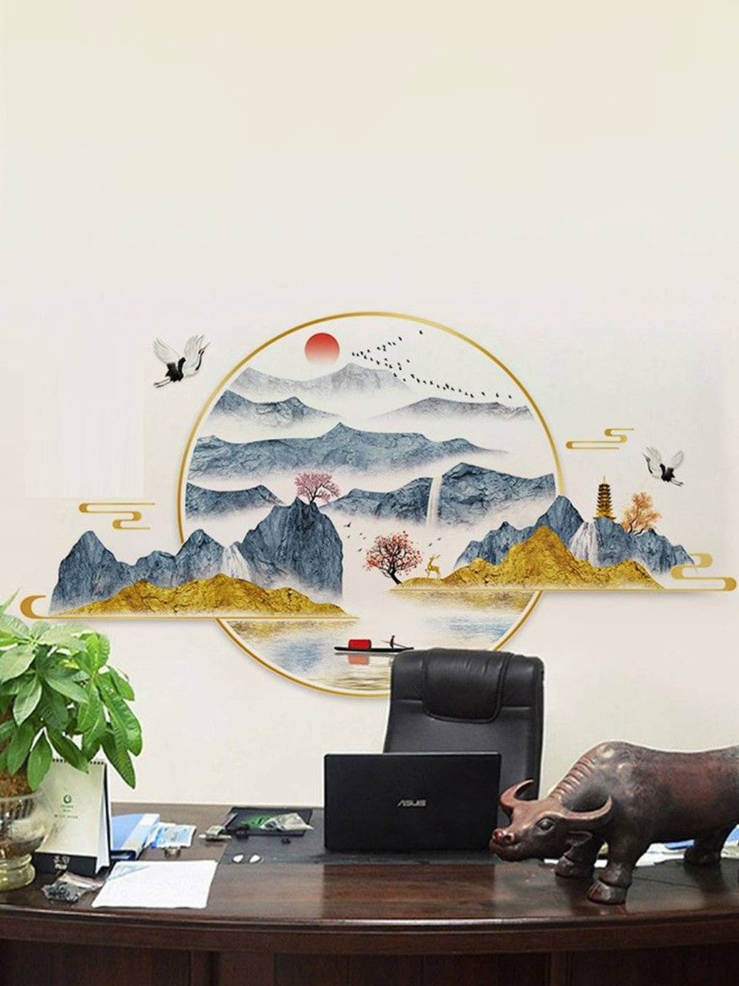 Jaamso Royals Blue & Yellow Hill With Birds Printed Self-Adhesive Wall Sticker