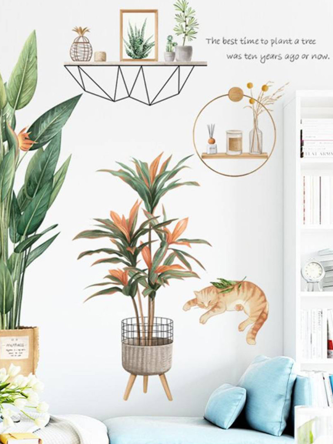 Jaamso Royals 2 Pcs Green & Brown Potted Plants Printed Self Adhesive Wall Stickers