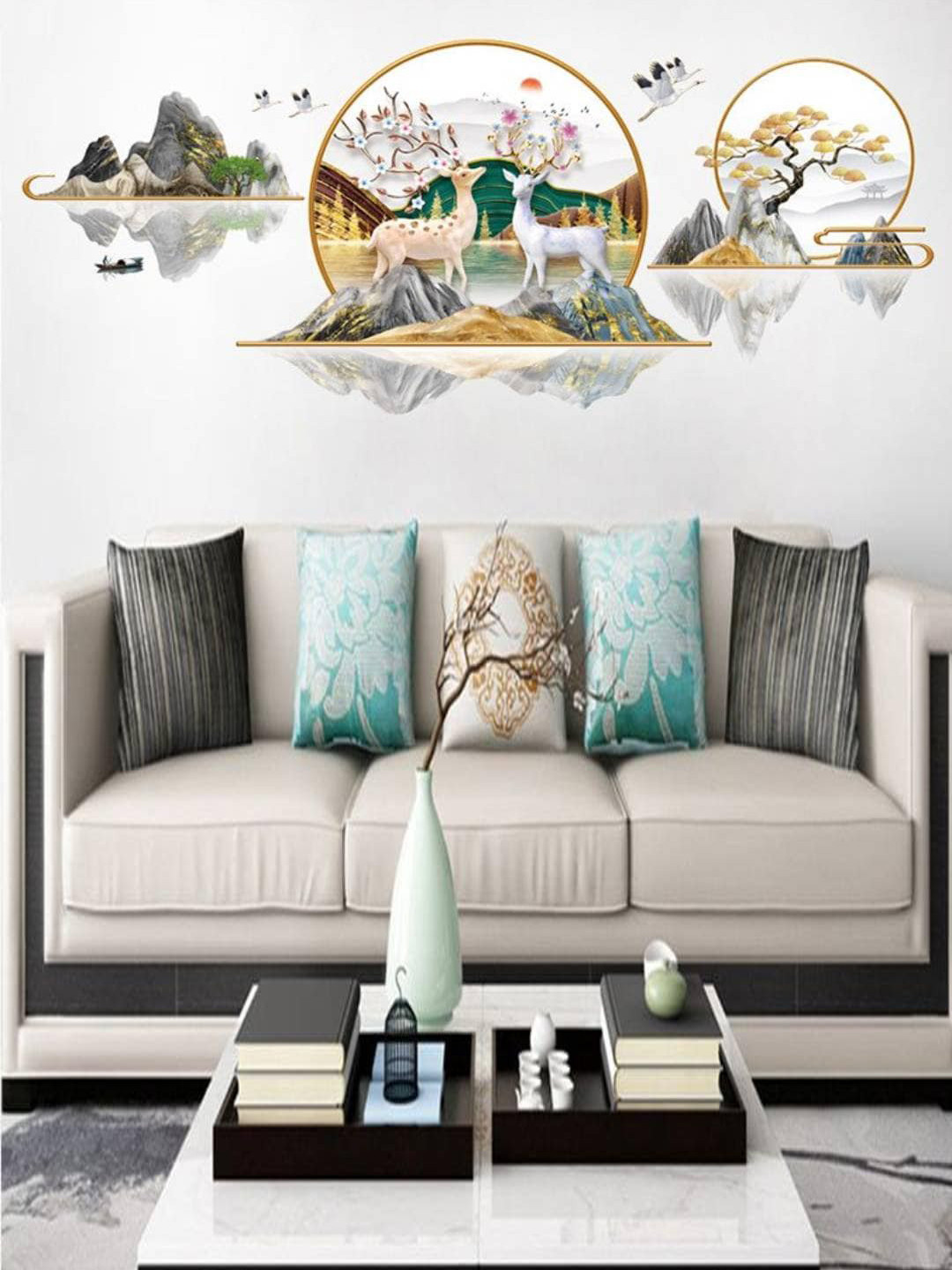 Jaamso Royals Grey & White Landscape Printed Self-Adhesive Waterproof Wall Stickers