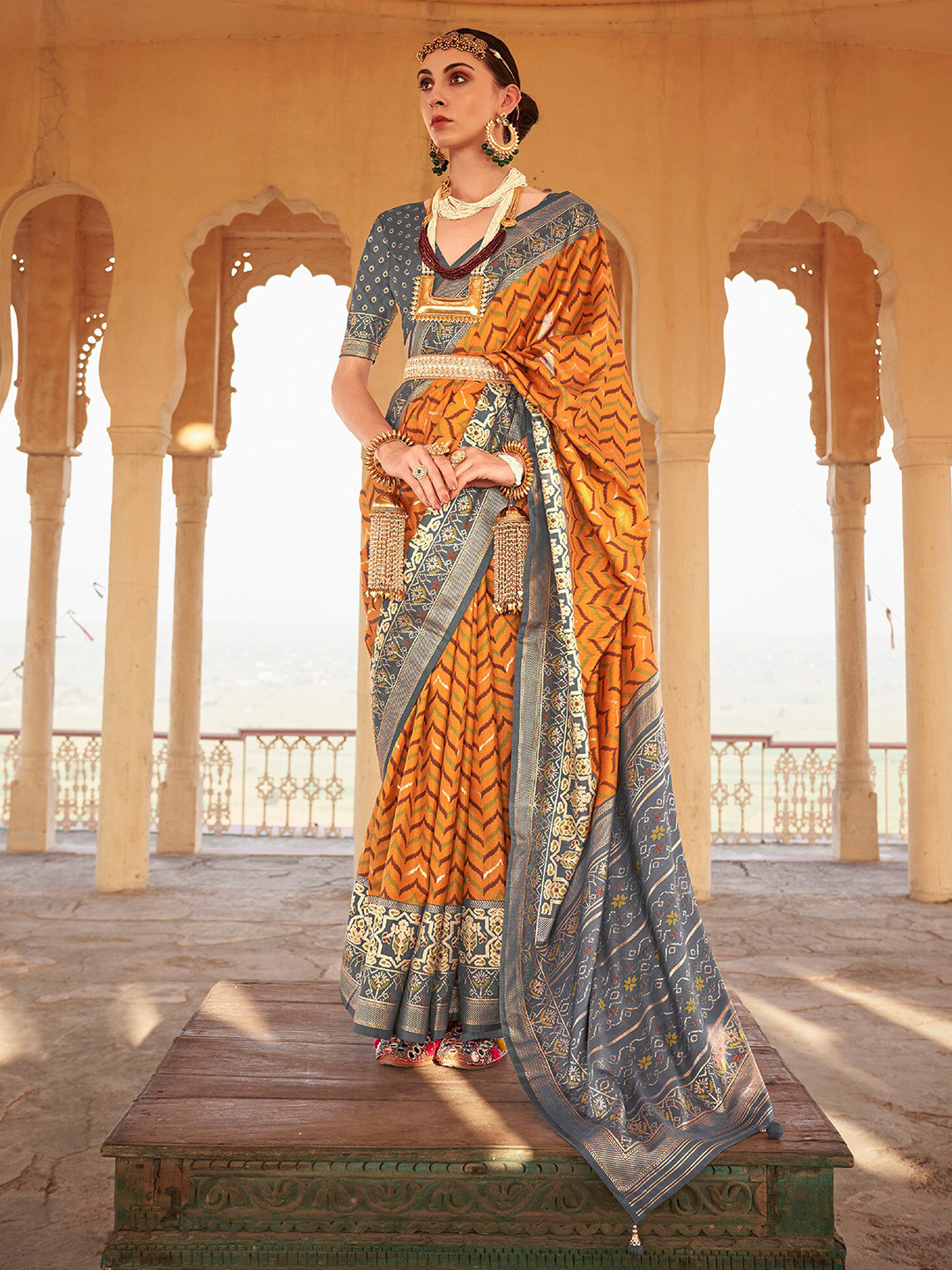 elora Yellow & Grey Woven Design Zari Patola Saree