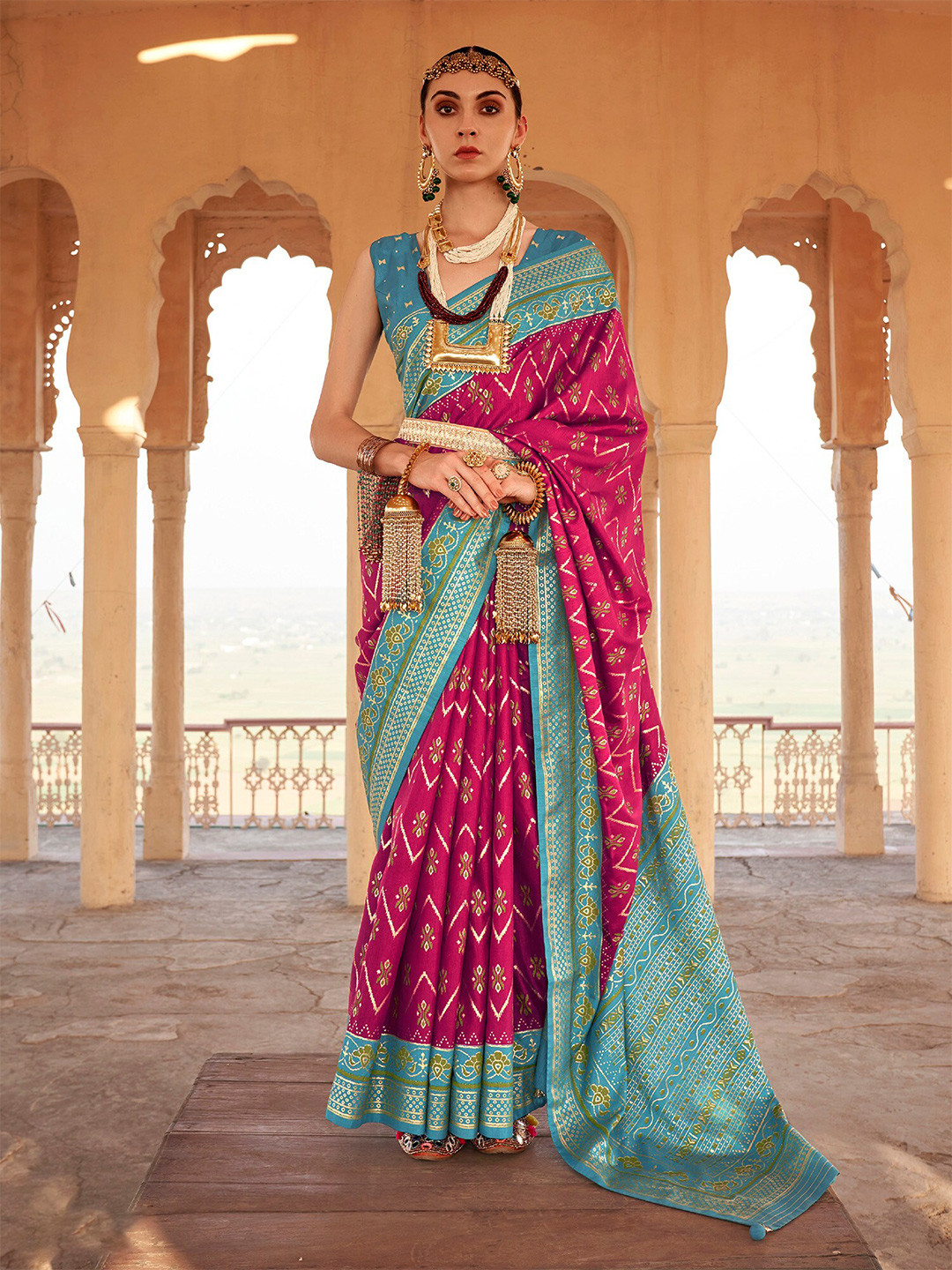 elora Pink & Blue Woven Design Zari Patola Saree