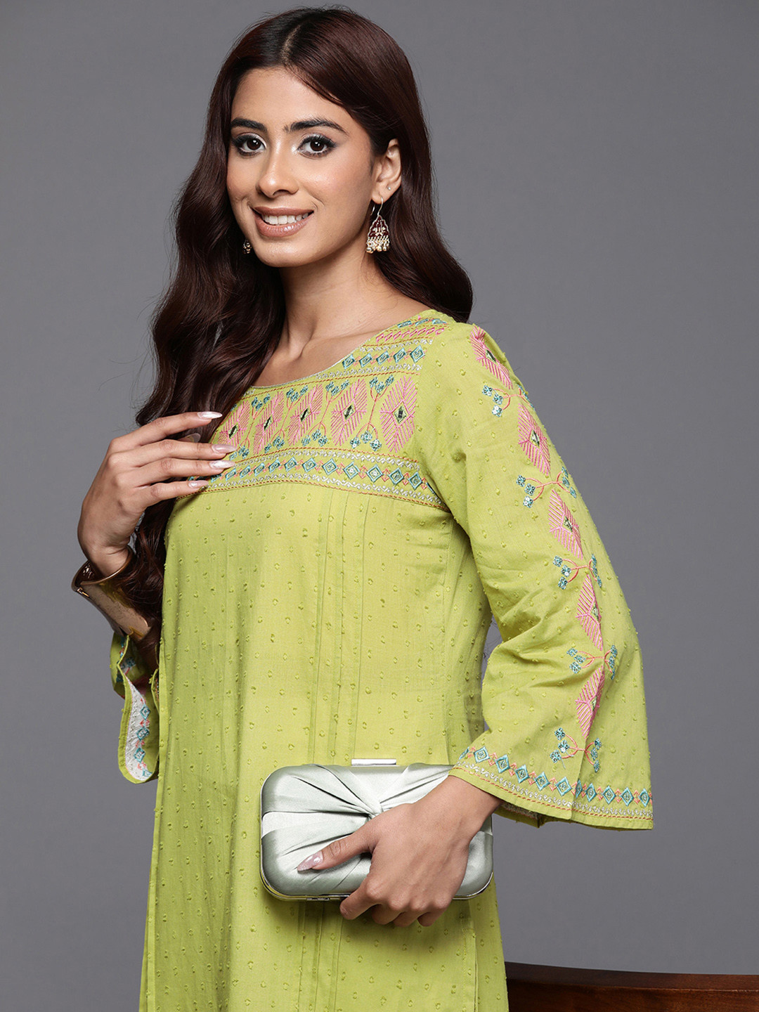 Varanga Women Embroidered Flared Sleeves Thread Work Boat Neck Kurta