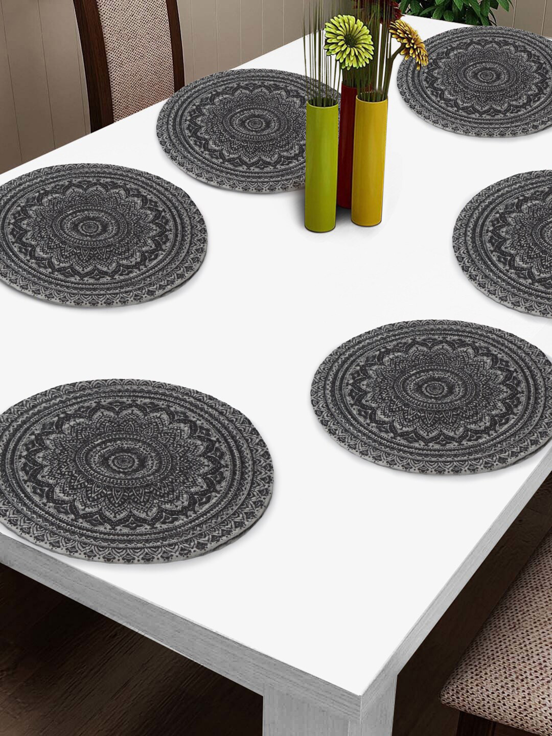 FABINALIV Grey & White 6 Pieces Ethnic Motifs Braided Table Placemats