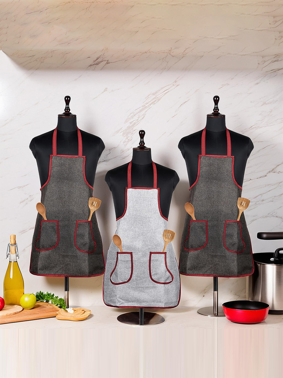 Kuber Industries Grey & Red 3 Pieces Jute Water Resistant Aprons