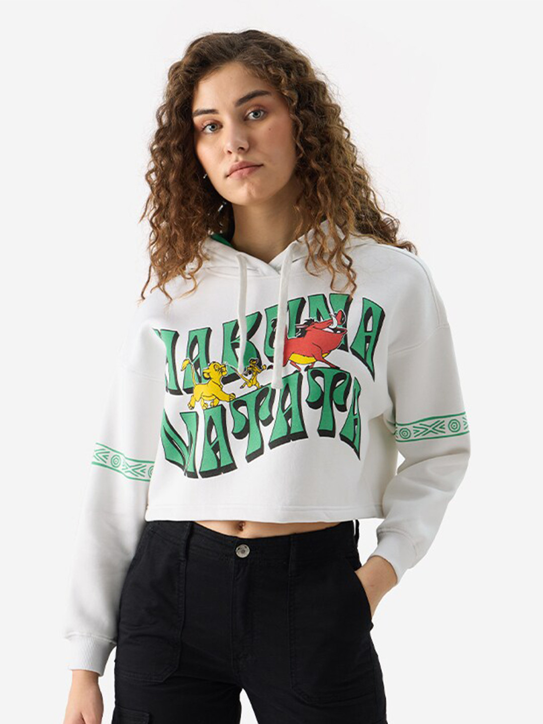 The Souled Store Hakuna Matata Printed Hooded Oversized Cropped Pullover