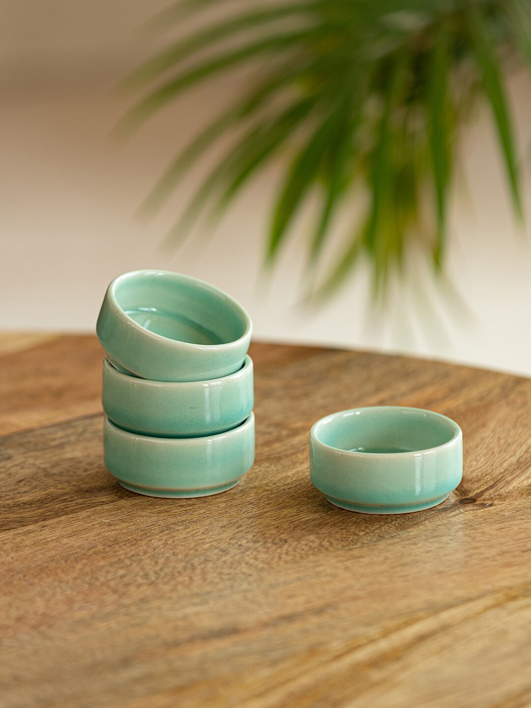 ExclusiveLane Caribbean Set of 4 Green Hand Glazed Ceramic Chutney & Dip Bowls 30 ml