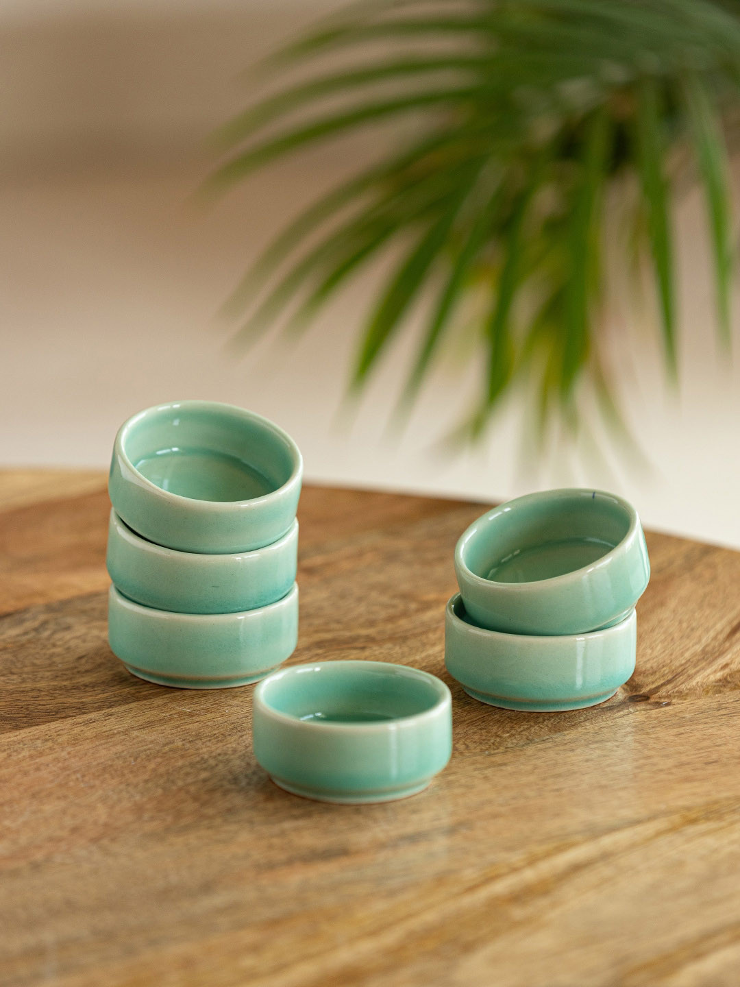 ExclusiveLane Caribbean Set of 6 Green Hand Glazed Ceramic Chutney & Dip Bowls 30 ml