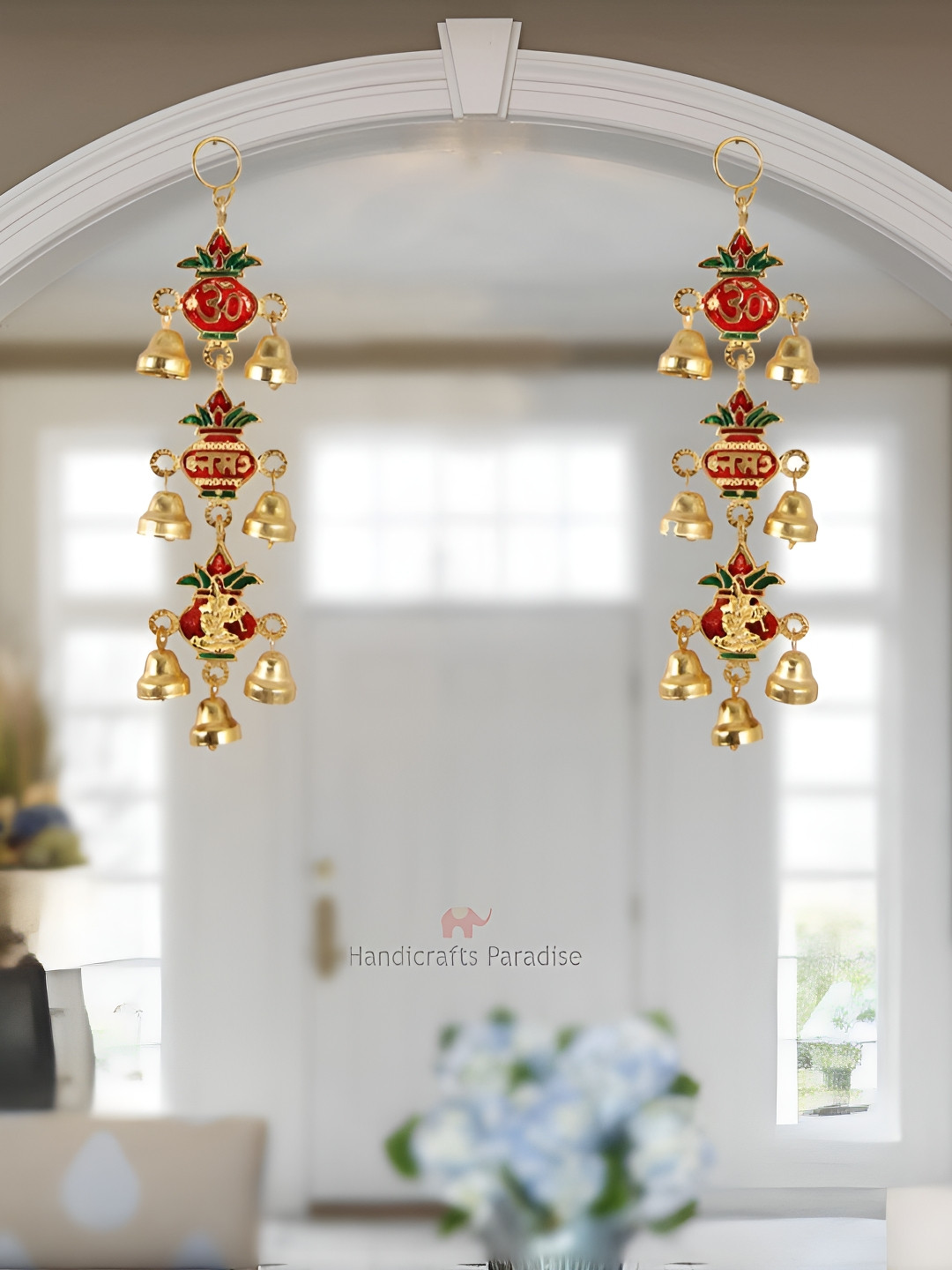 HANDICRAFTS PARADISE Red & Gold Toned 2 Pieces Kalash Shaped Motifs Engraved Wall Decors