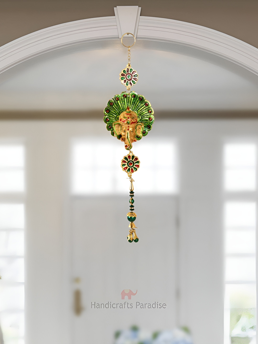 HANDICRAFTS PARADISE Peacock feather Metal Tasselled Glossy Hall Wall Hangings-13.8In