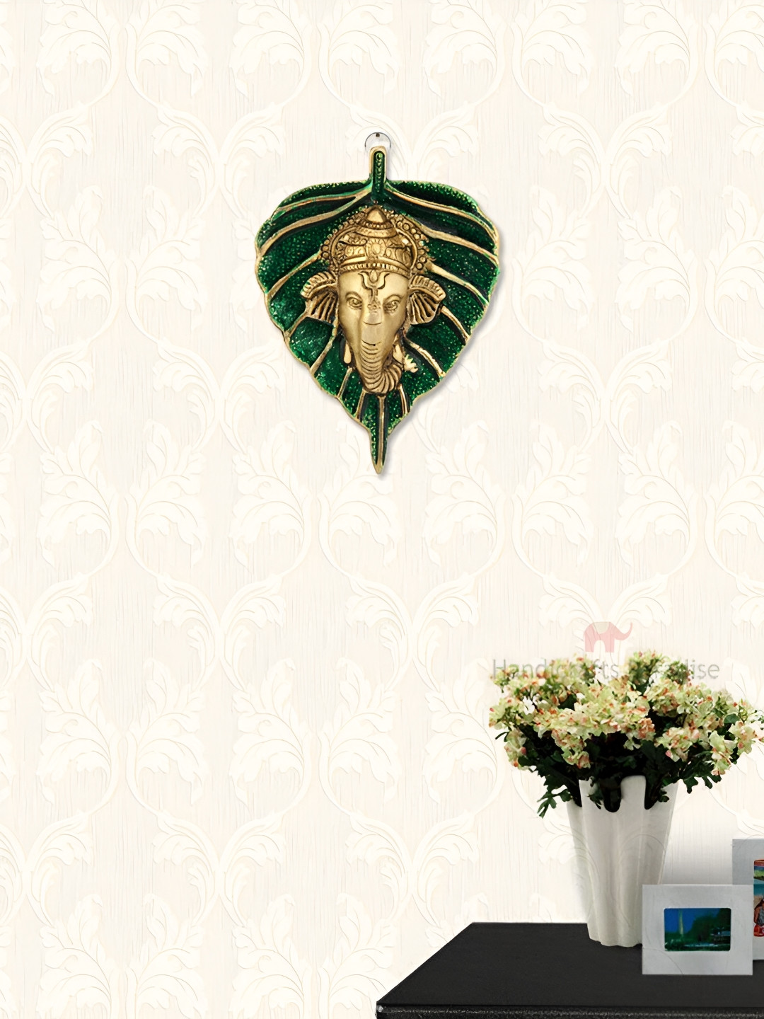 HANDICRAFTS PARADISE leaf shaped with ganesha face Metal Glossy Spiritual Wall Decor-5In
