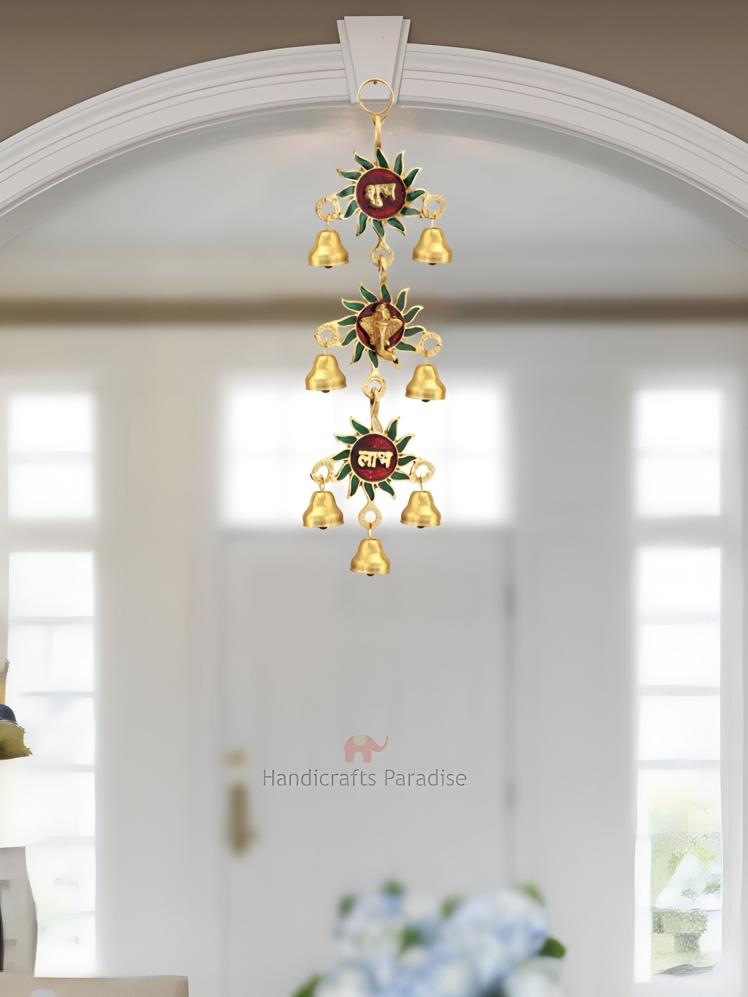 HANDICRAFTS PARADISE Shubh Labh tripple bell Metal Ethnic Motifs Glossy Wall Hangings-15In