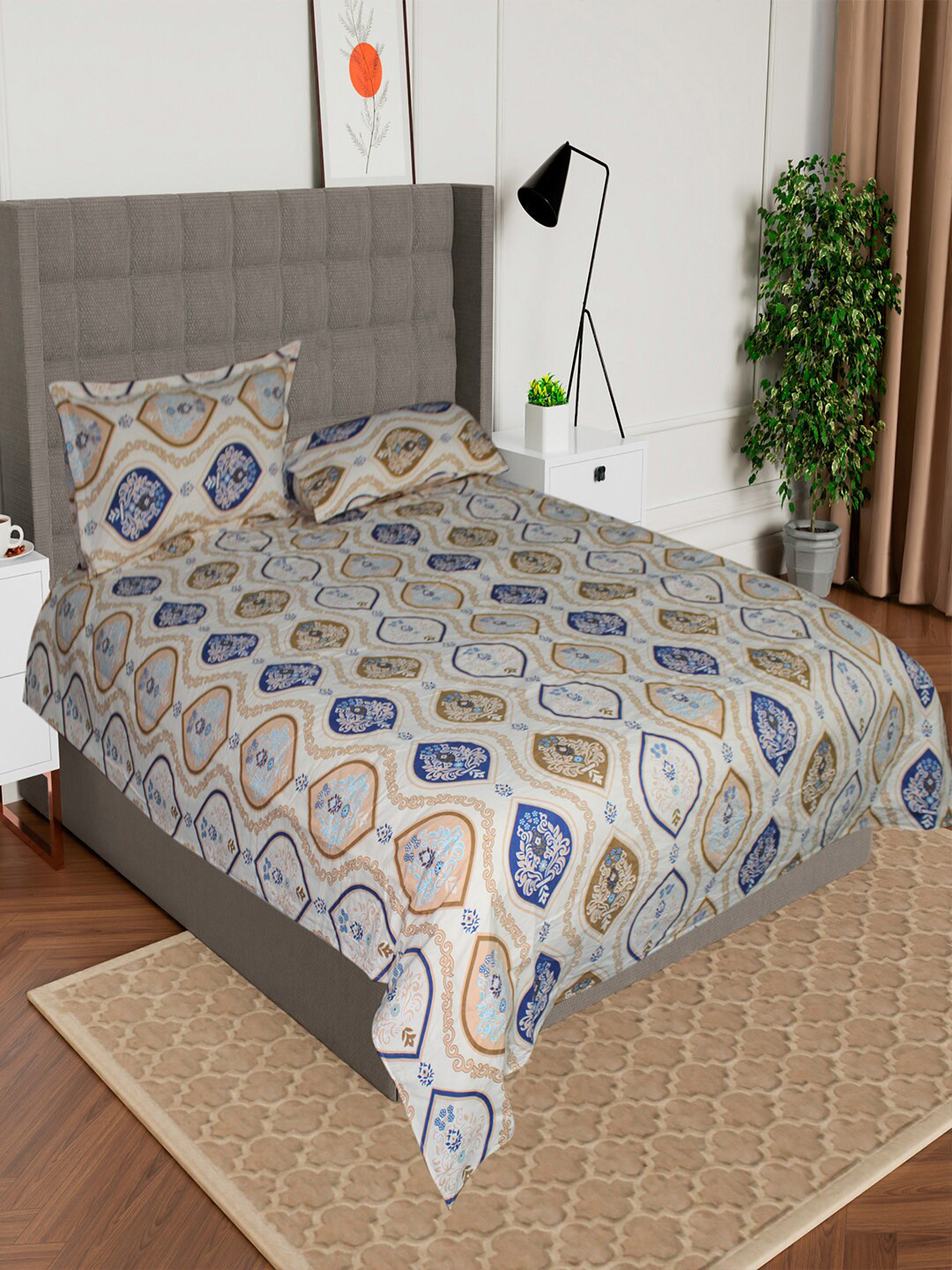 AVI Printed Gold Ethnic Motifs Polycotton 180 TC King Fine Bedsheet with 2 Pillow Covers-100 x 90 inches