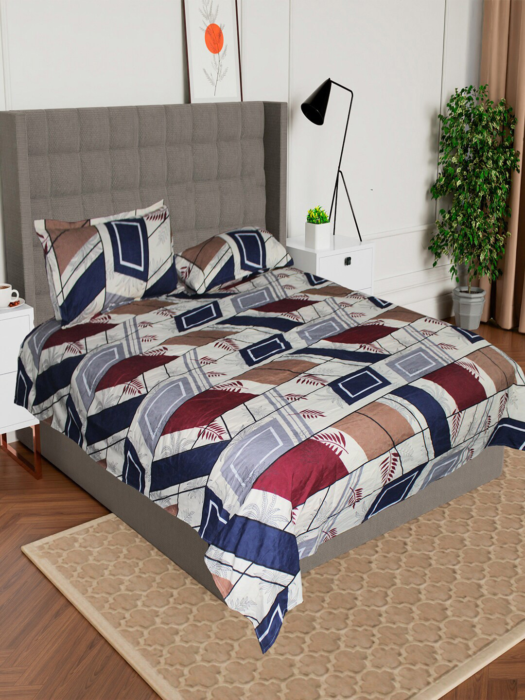 AVI Printed Grey Geometric Polycotton 180 TC King Fine Bedsheet with 2 Pillow Covers-100 x 90 inches