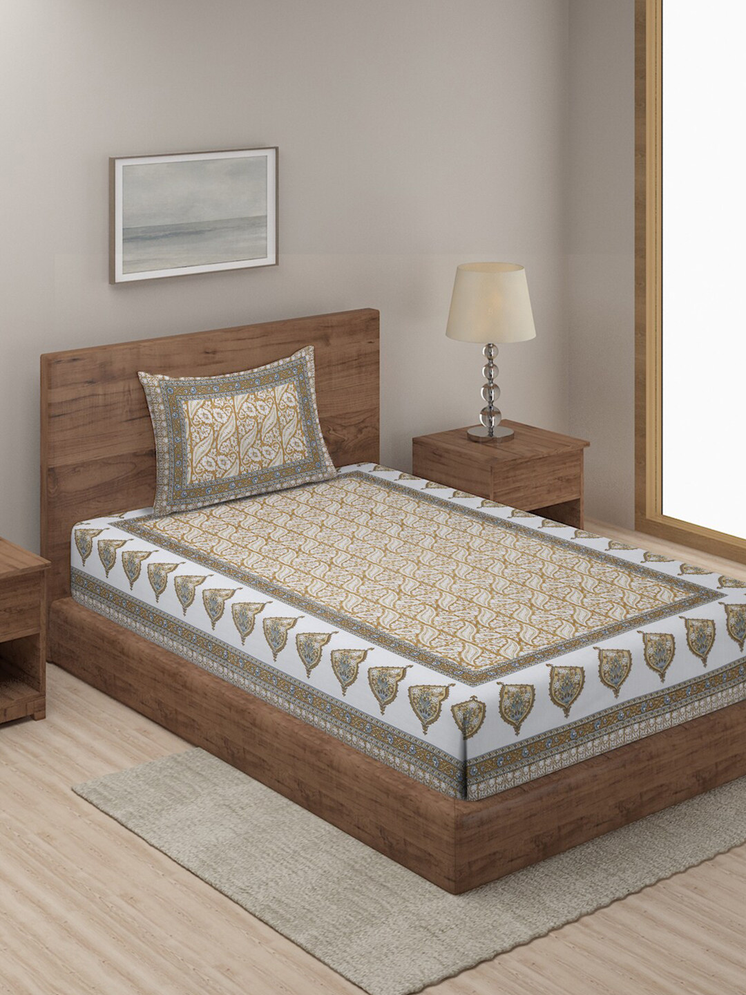 Rajasthan Decor White Floral Cotton 144 TC Single Bedsheet with a Pillow Cover-225 x 270 cm