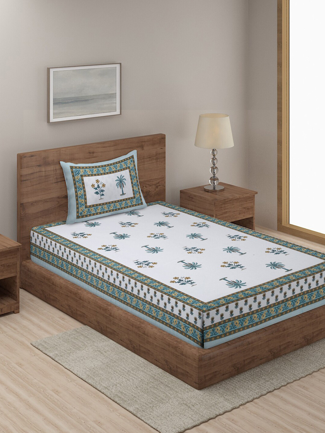 Rajasthan Decor Elysian Stripes White Ethnic Motifs Cotton 144 TC Single Bedsheet with a Pillow Cover-59 x 89 inches