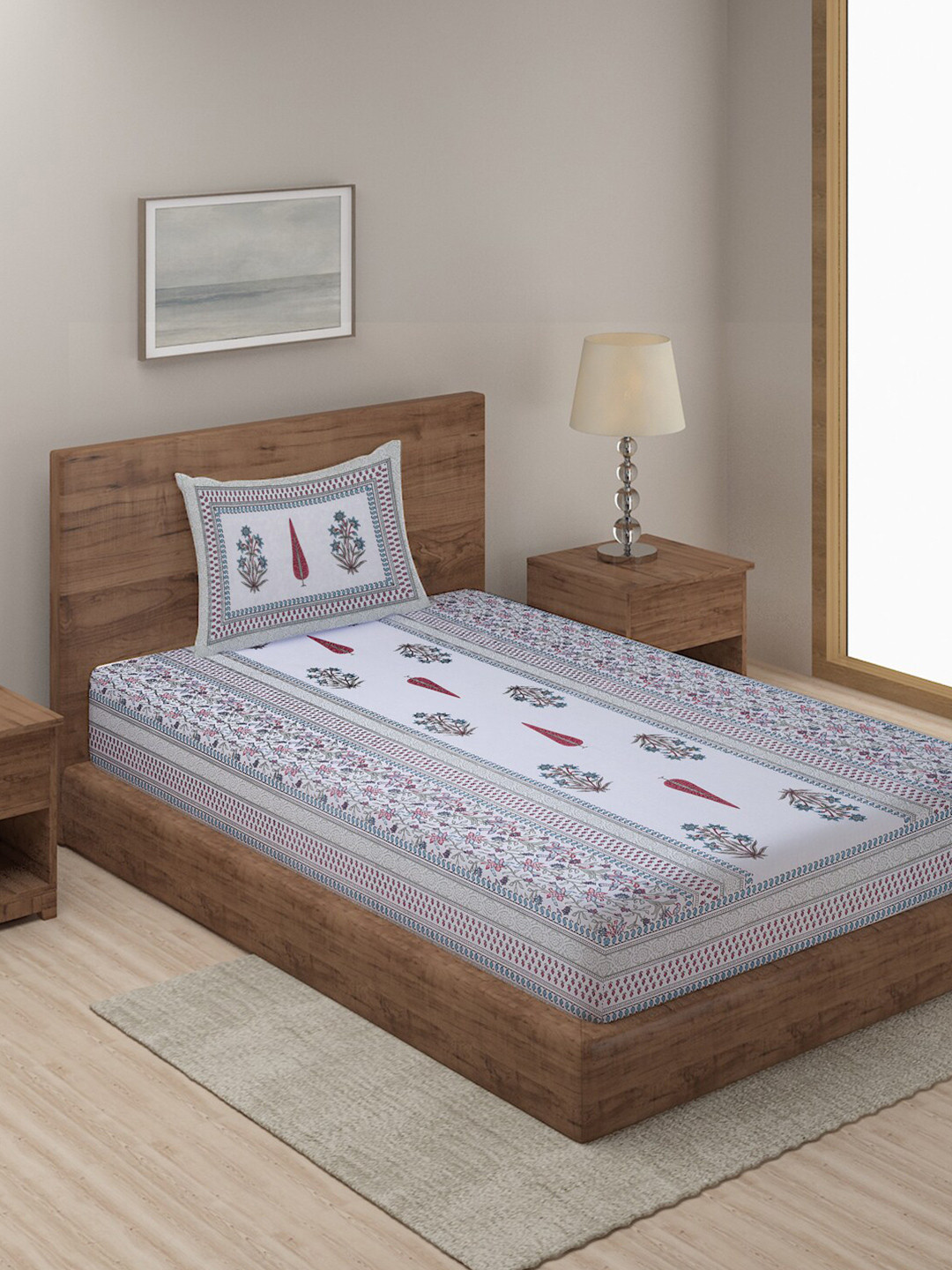 Rajasthan Decor White Ethnic Motifs Cotton 144 TC Single Bedsheet with a Pillow Cover-59 x 89 inches