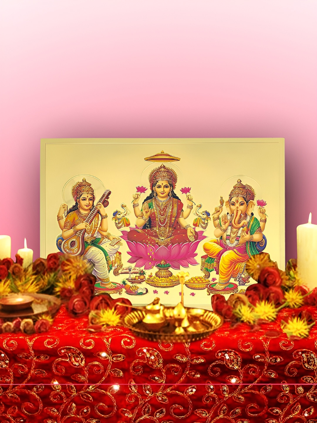 Hawai Gold Toned & Pink  Hawai Ganesh Laxmi Saraswati Acrylic Wall Photo Frames