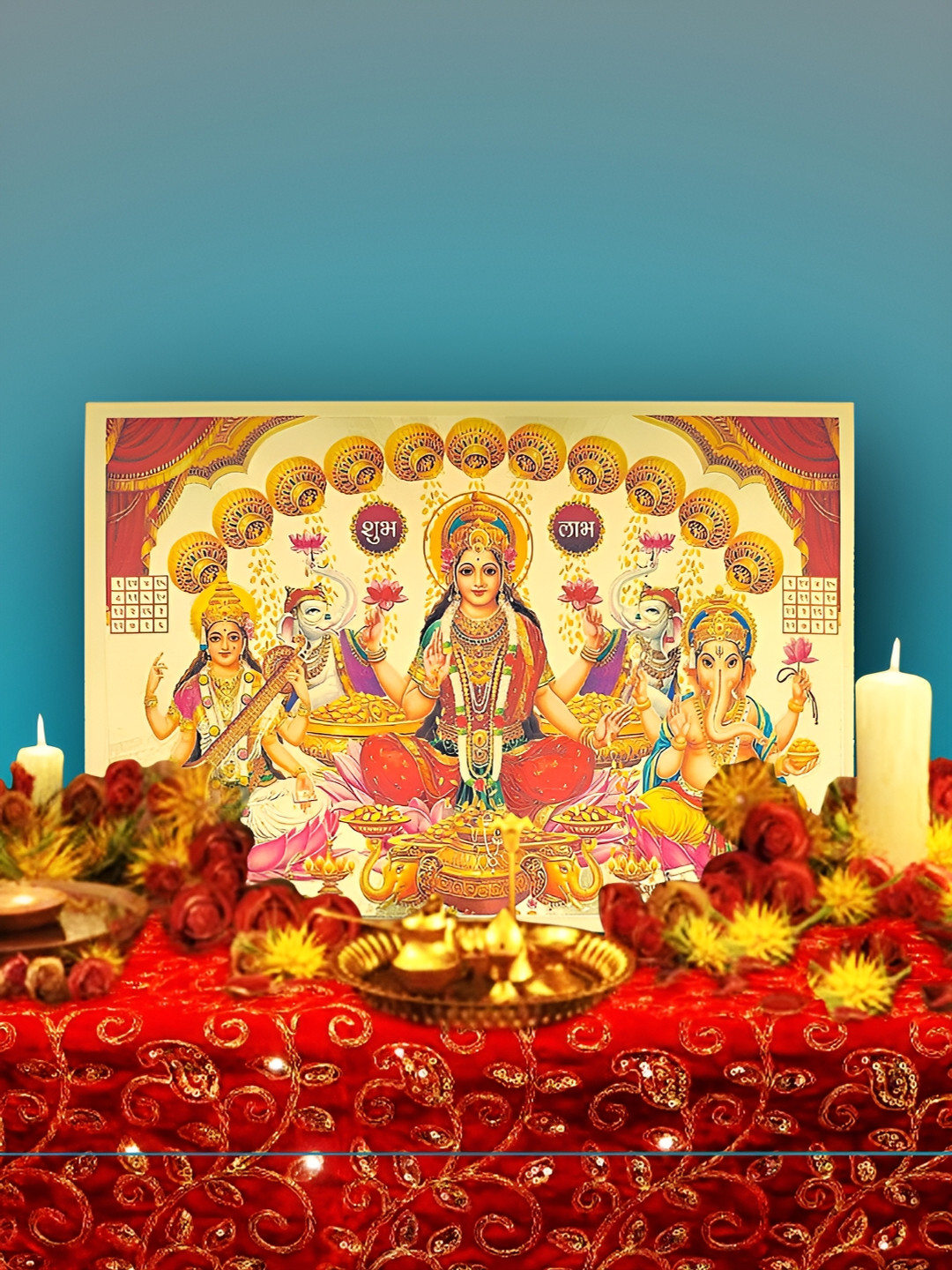 Hawai Gold Toned & Pink Hawai Ganesh Laxmi Saraswati Acrylic Wall Photo Frames