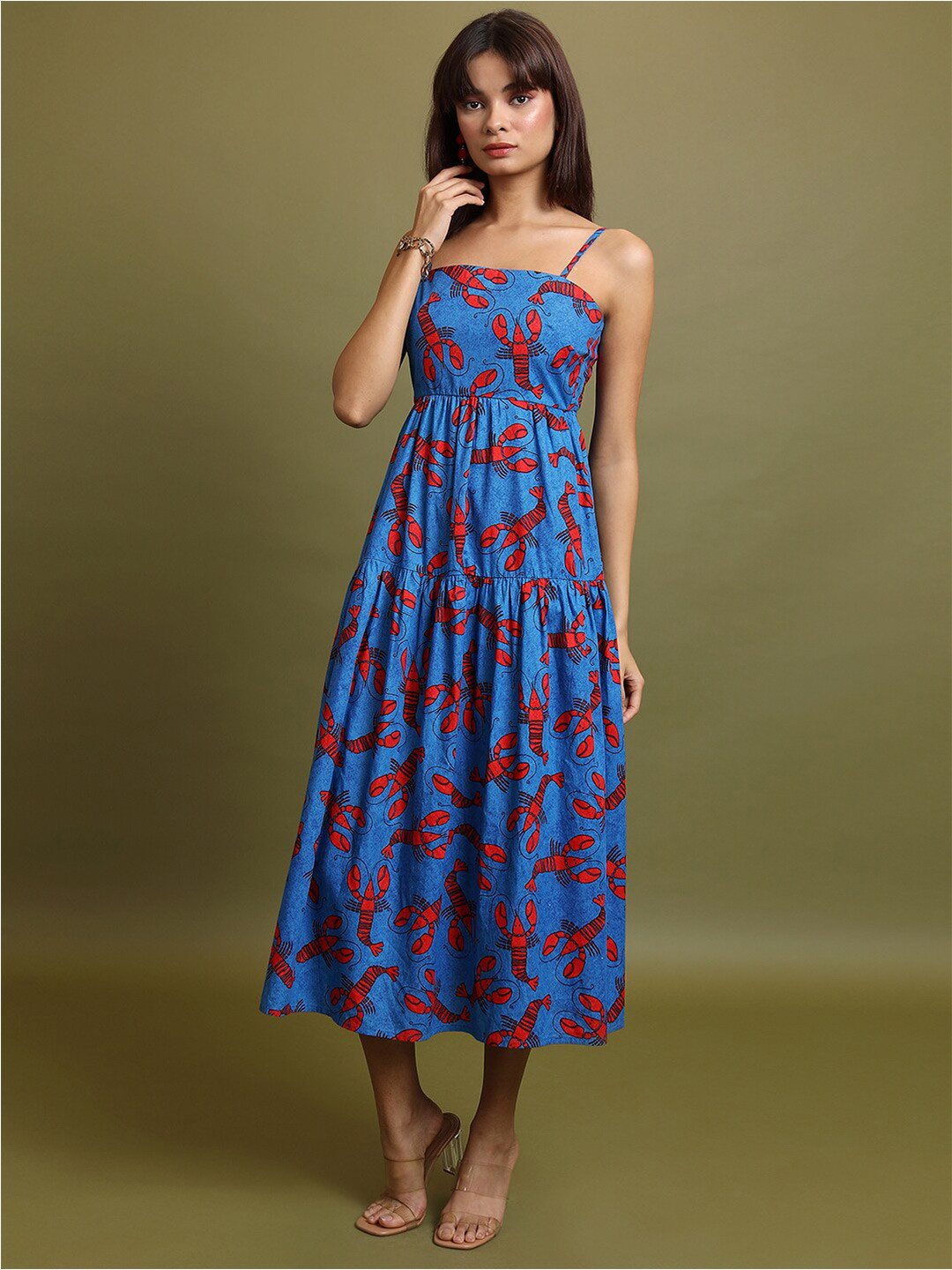 Vishudh Blue Conversational Printed Shoulder Straps Tiered Cotton Fit and Flare Midi Dress