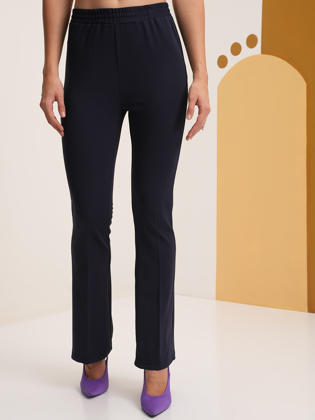 Vishudh Women Mid Rise Plain Flared Bootcut Trousers