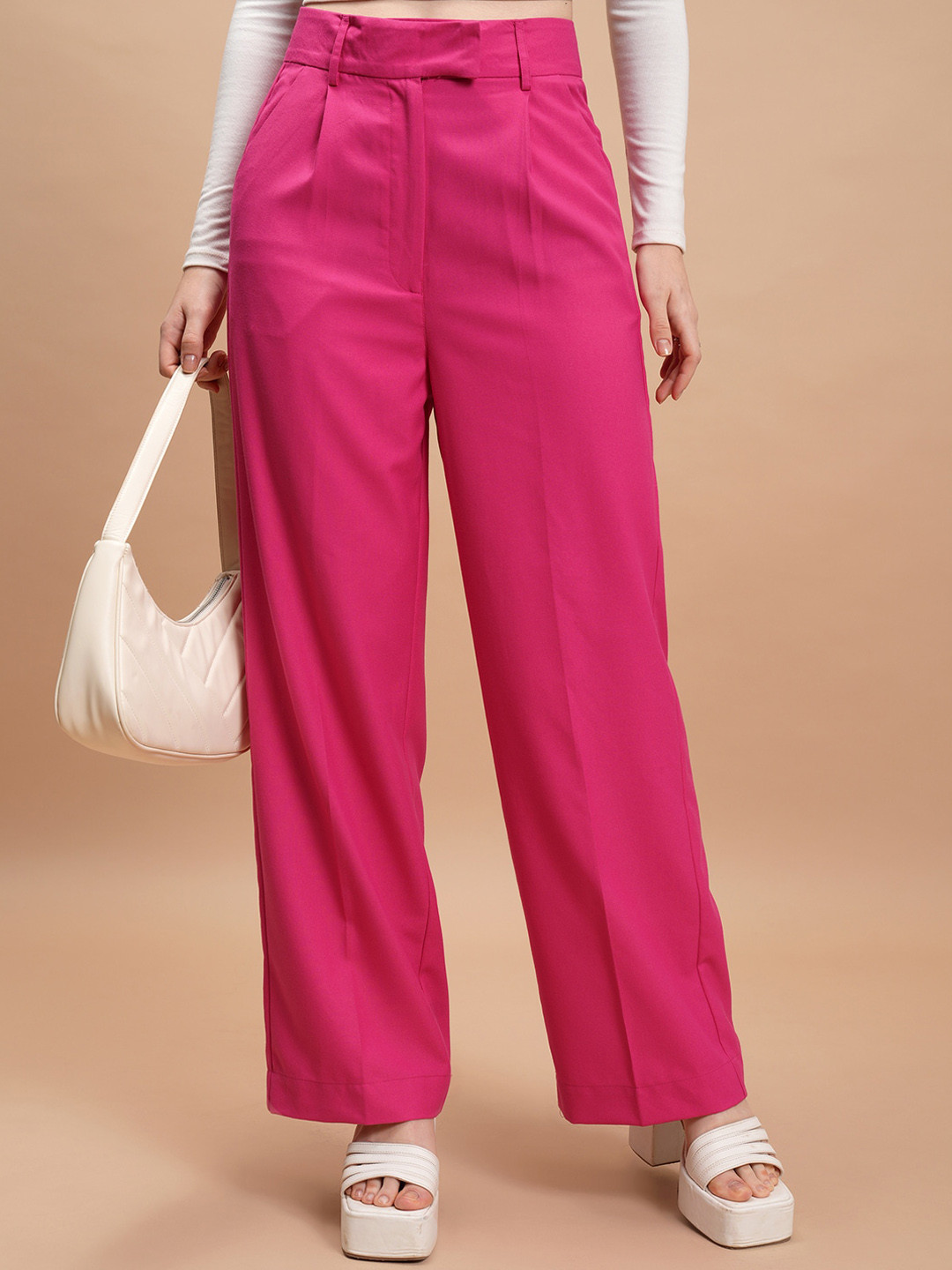 CHIC BY TOKYO TALKIES Women Pink High-Rise Flared Pleated Parallel Trousers