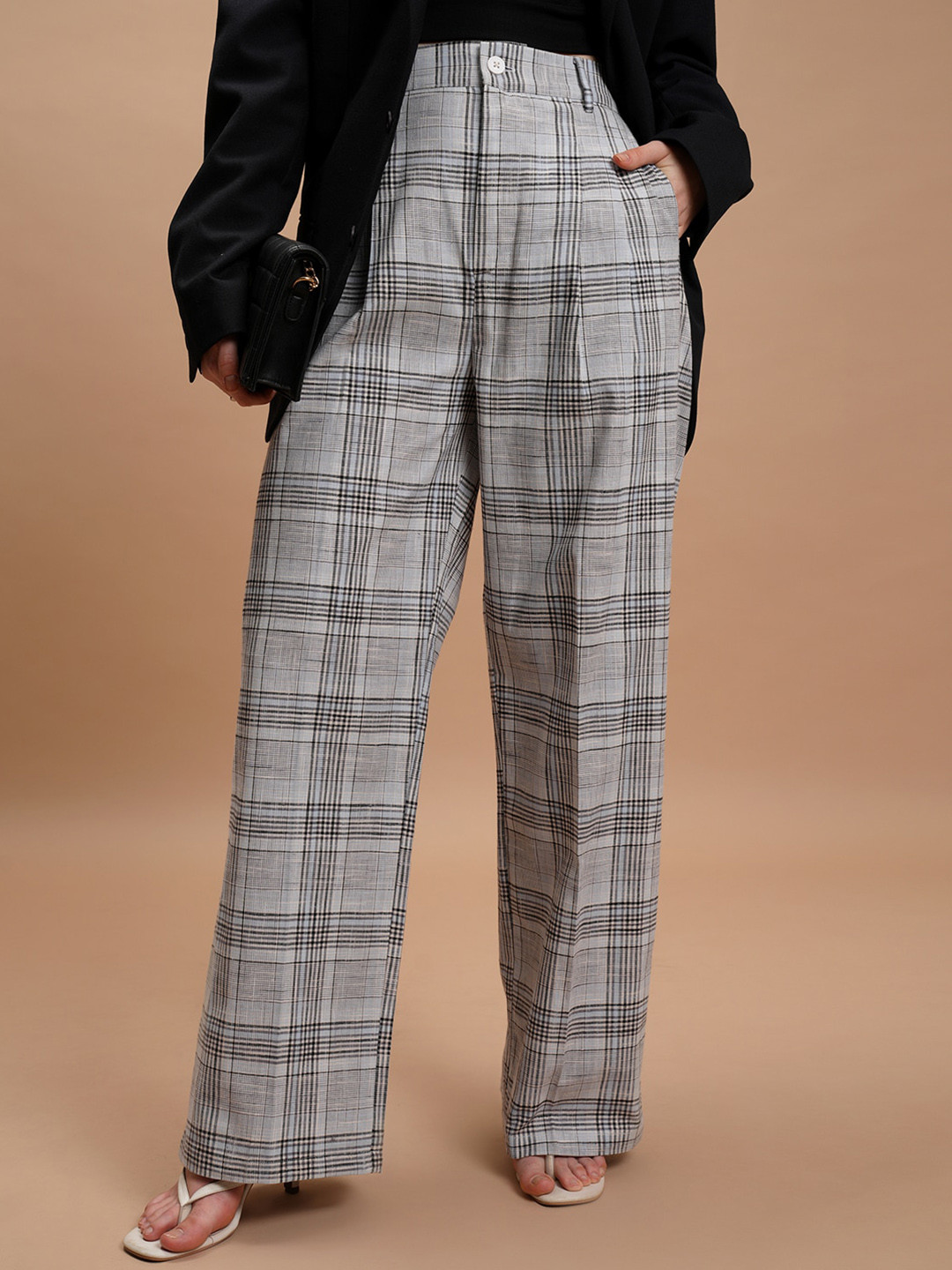 CHIC BY TOKYO TALKIES Women Grey Checked Flared Cotton Parallel Wide Leg Trousers