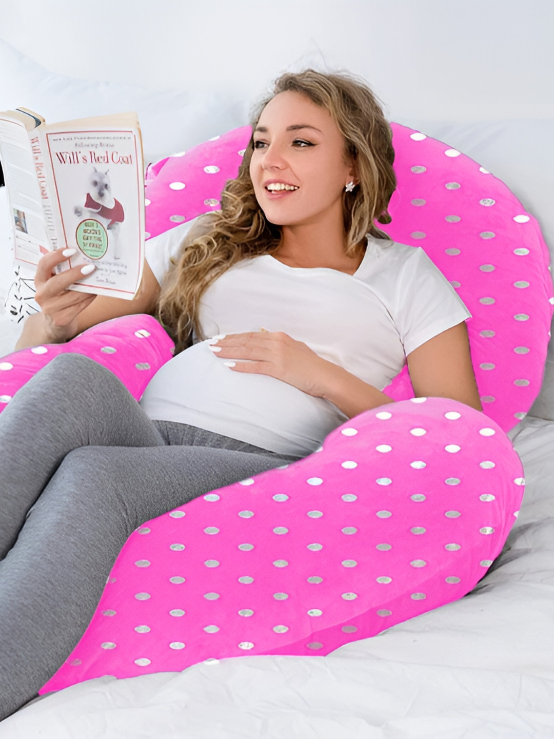 DADDY COOL Pink Polka Dots Faux Velvet Ultra Soft Fibre Maternity Pillow-19.8 x 76.2 x 139.7 cm