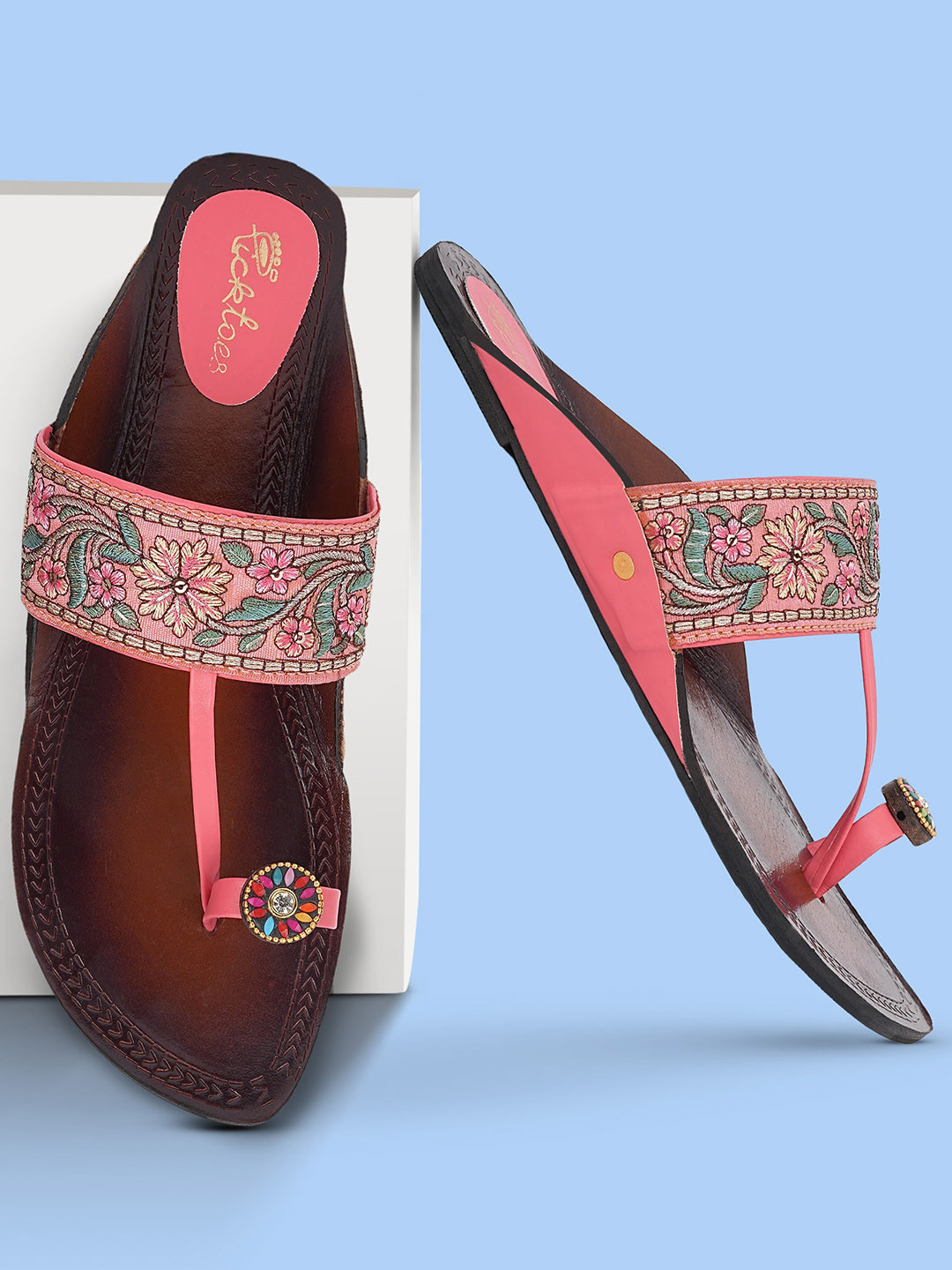 Picktoes Ethnic Embellished Pure Leather One Toe Flats
