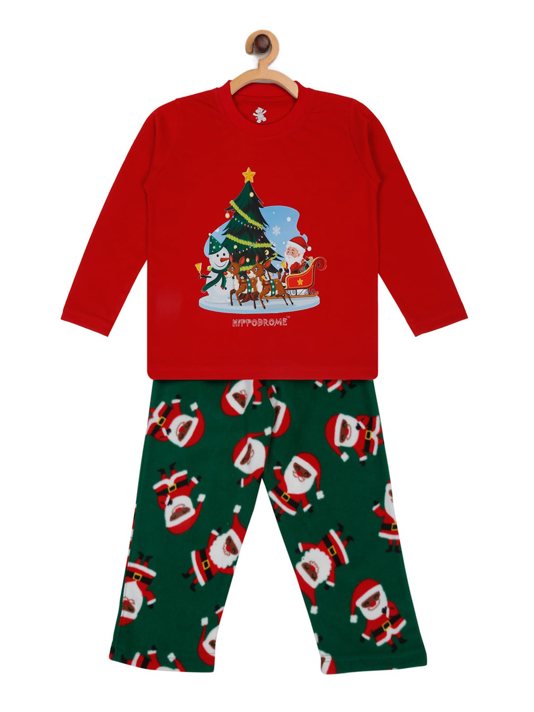 Hippodrome Kids Santa Graphic Printed Fleece Cotton T-Shirt & Lounge Pant