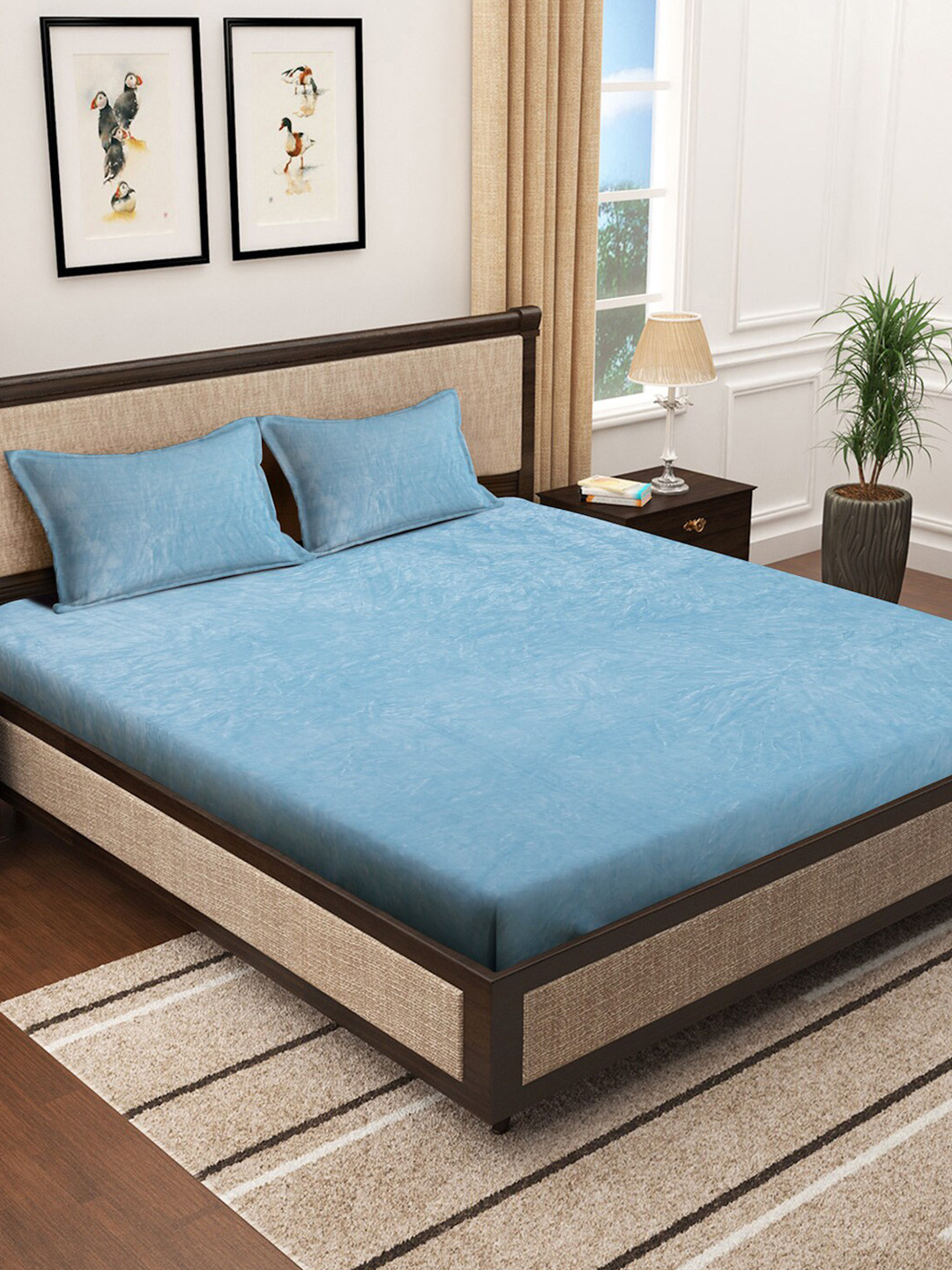 SOKNACK Blue 330 TC Fitted King Bedsheet with 2 Pillow Covers