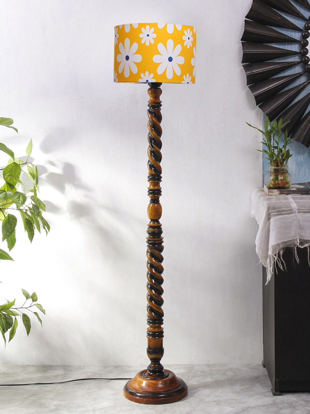 Devansh Yellow & Brown Printed Wooden Floor Lamps With Cotton Shade