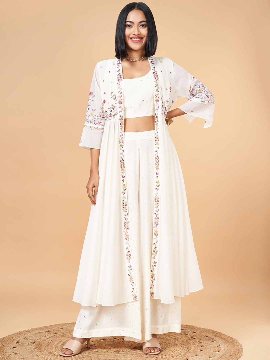 Marigold Lane Shoulder Strap Top & Flared Palazzos With Shrug