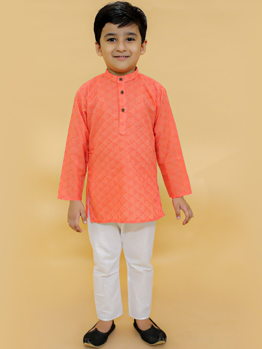 BAESD Infant Boys Red Ethnic Motifs Embroidered Chikankari Pure Cotton Kurta with Pyjamas