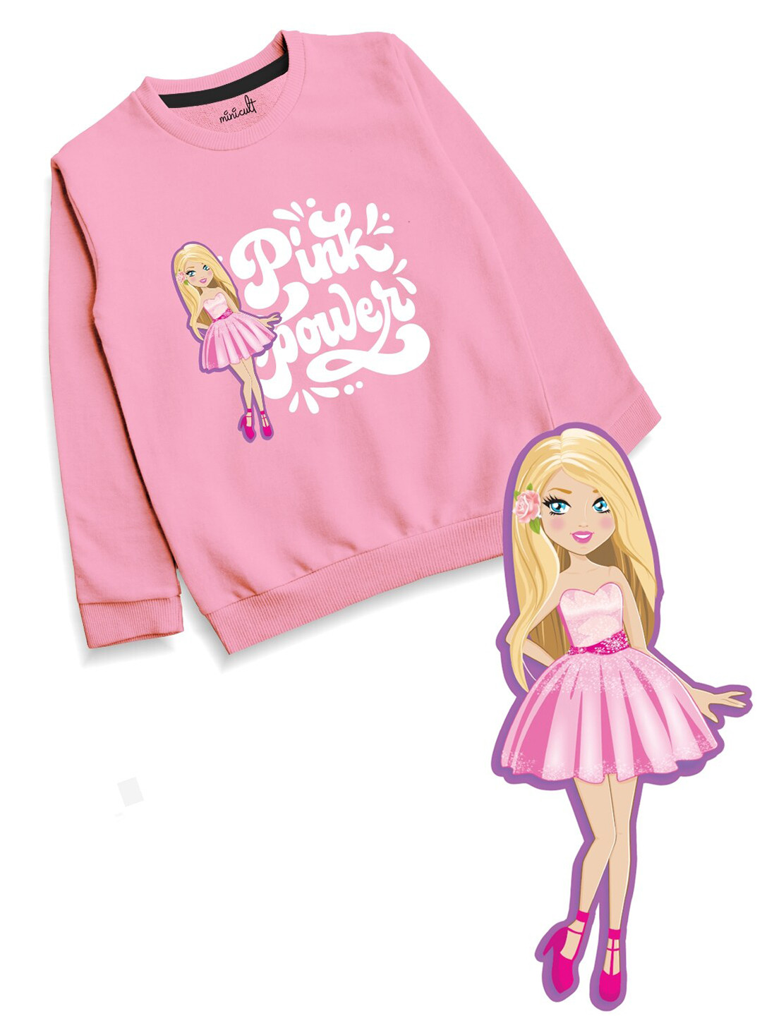 Minicult Girls Pink Barbie Printed Cotton Pullover Sweatshirt