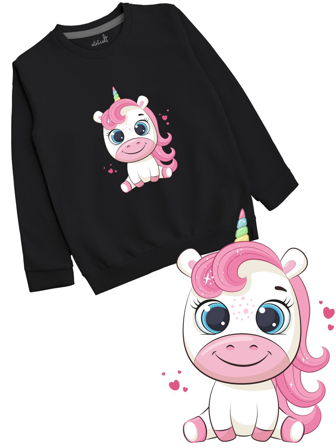 Minicult Girls Black Unicorn Printed Cotton Pullover Sweatshirt