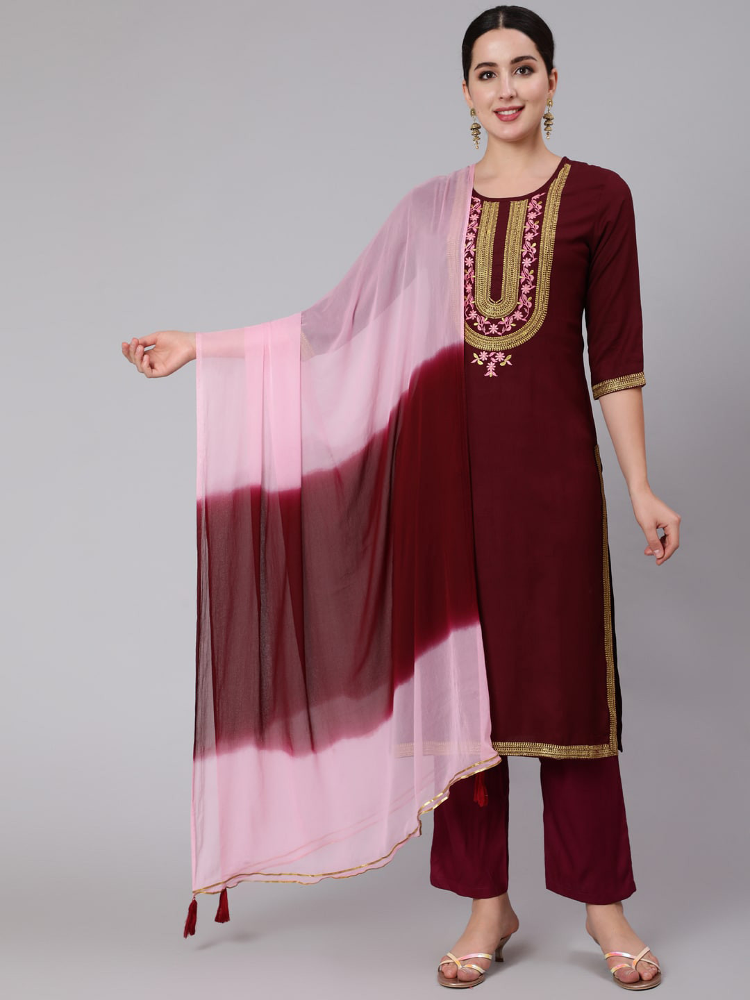 AADAT Floral Yoke Design Regular Kurta With Trousers & Dupatta