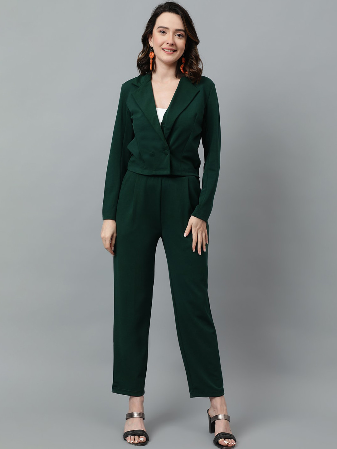 KOTTY BIZwear Green Notched Lapel Collar Blazer & Mid Rise Trouser