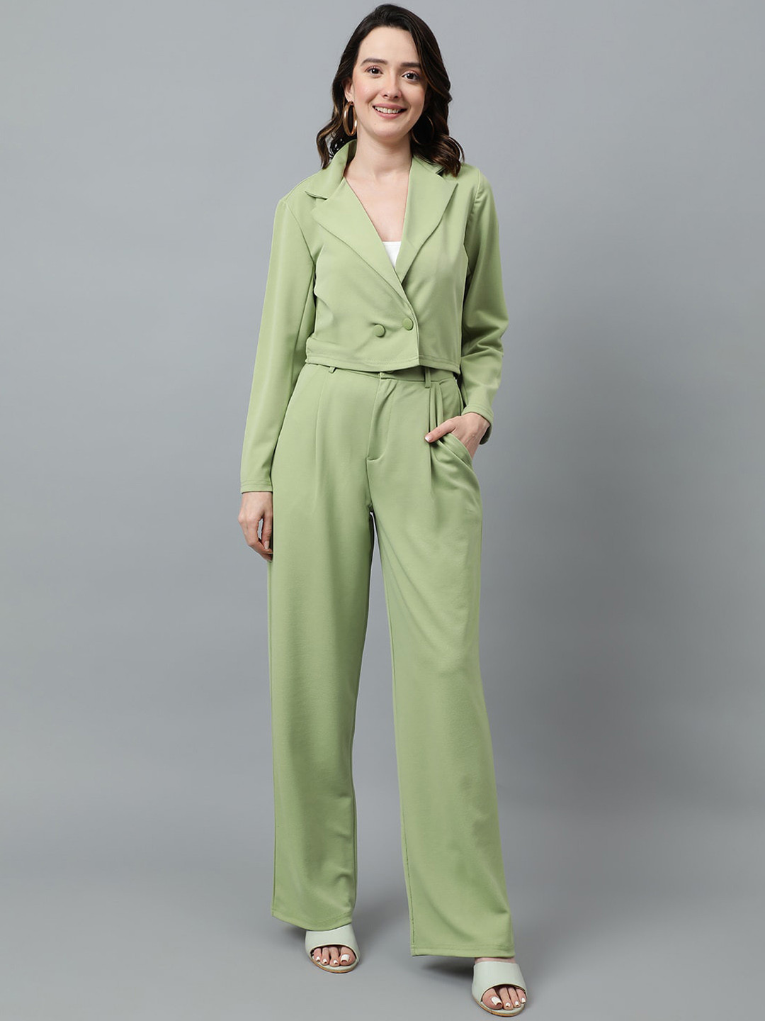 KOTTY BIZwear Green Notched Lapel Collar Blazer & Mid Rise Trouser