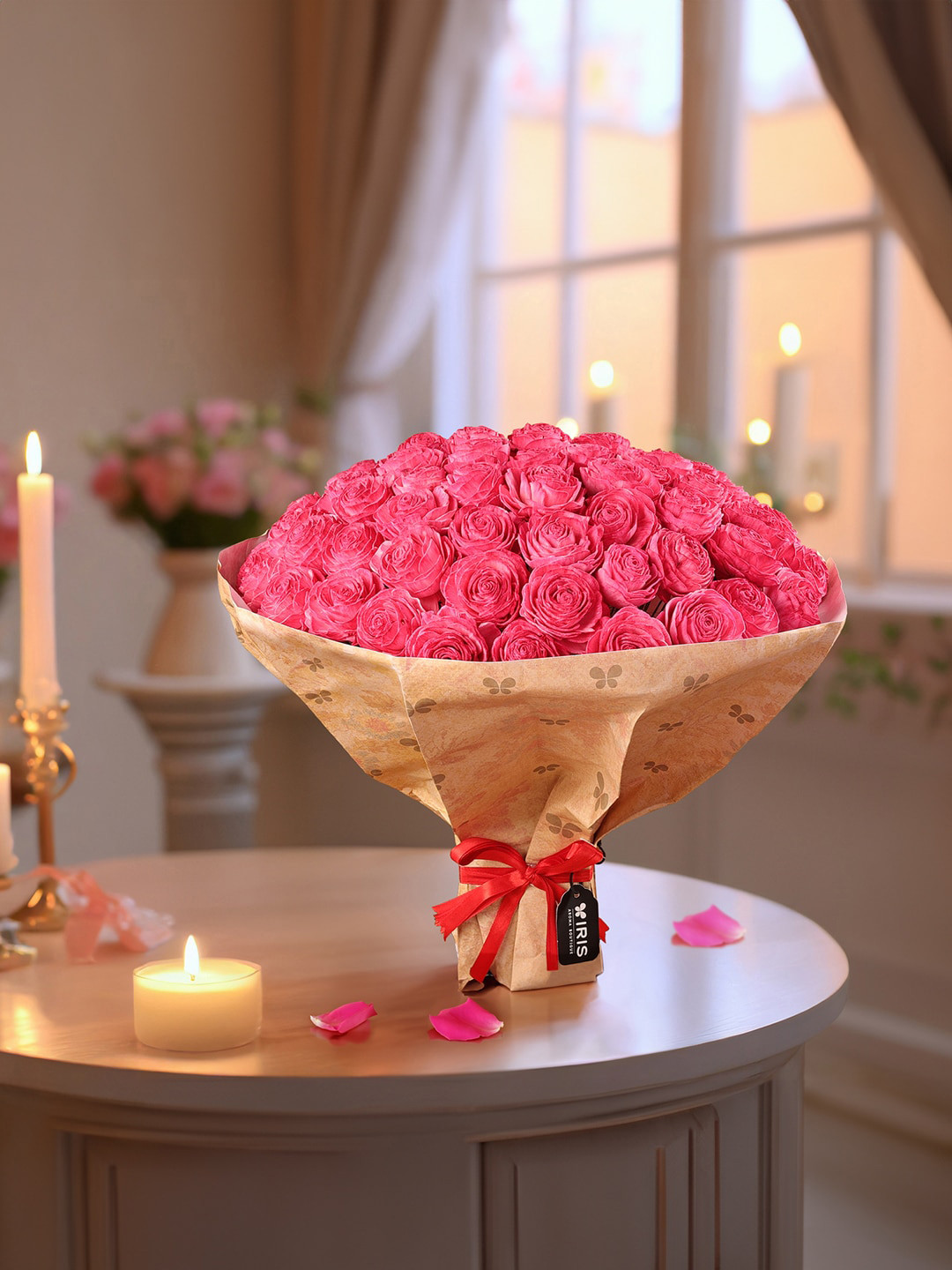 Iris Pink & Beige Rose Artificial Flower Boquet