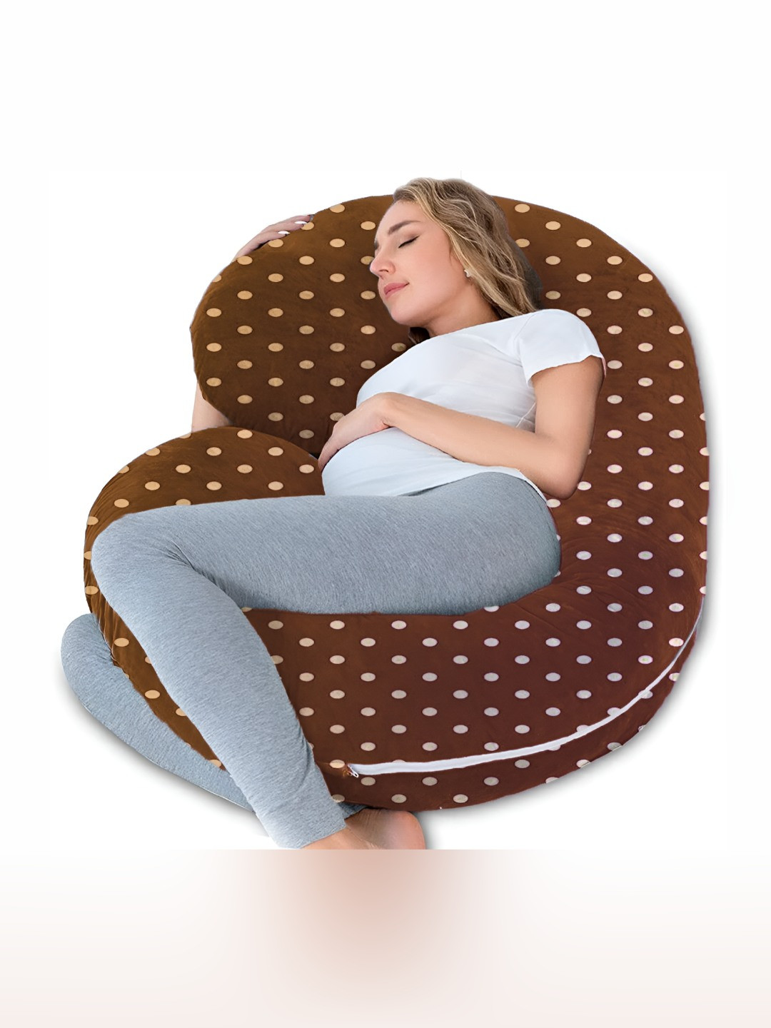 Mom's Moon Brown Polka Dots Faux Velvet Ultra Soft Fibre Maternity Pillow-139.7 x 71.12 x 19.8 cm
