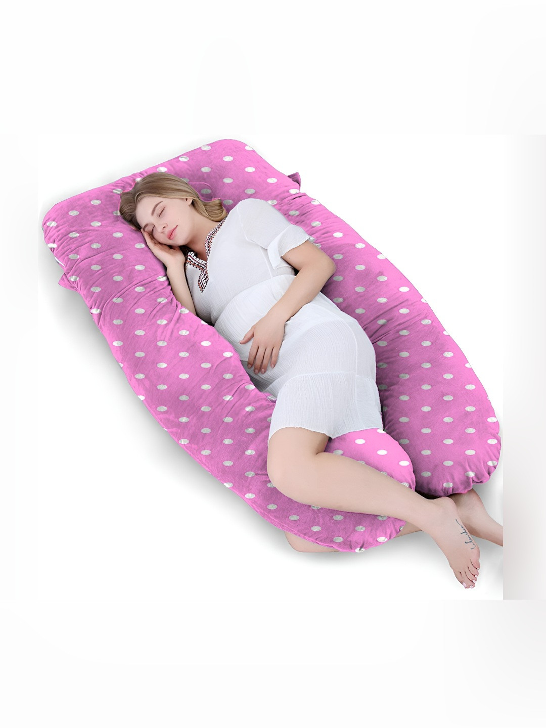 Mom's Moon Pink Polka Dots Faux Velvet Ultra Soft Fibre Maternity Pillow-137 x 76.2 x 25.4 cm