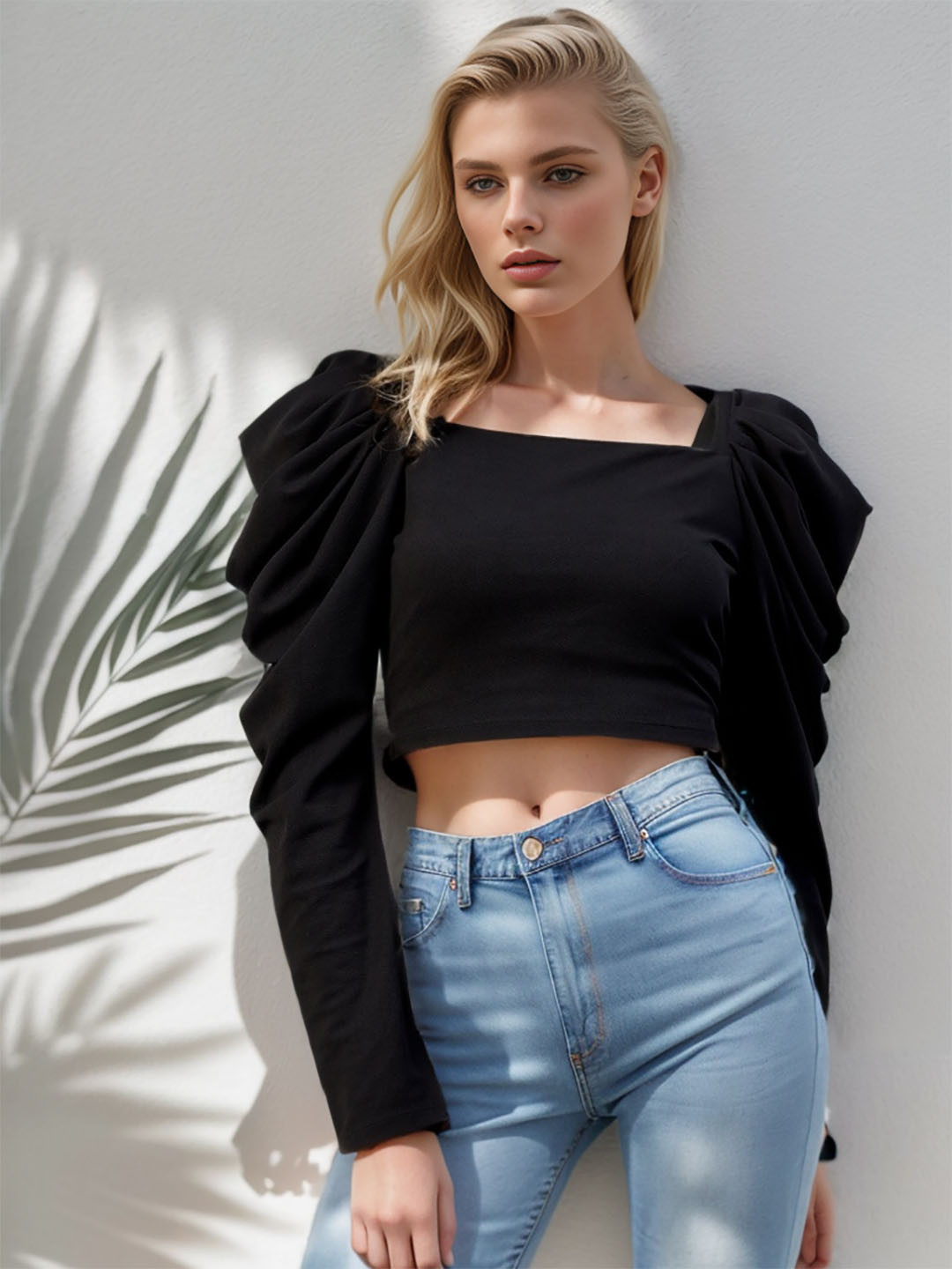 RARE Black Puff Sleeve Crop Top