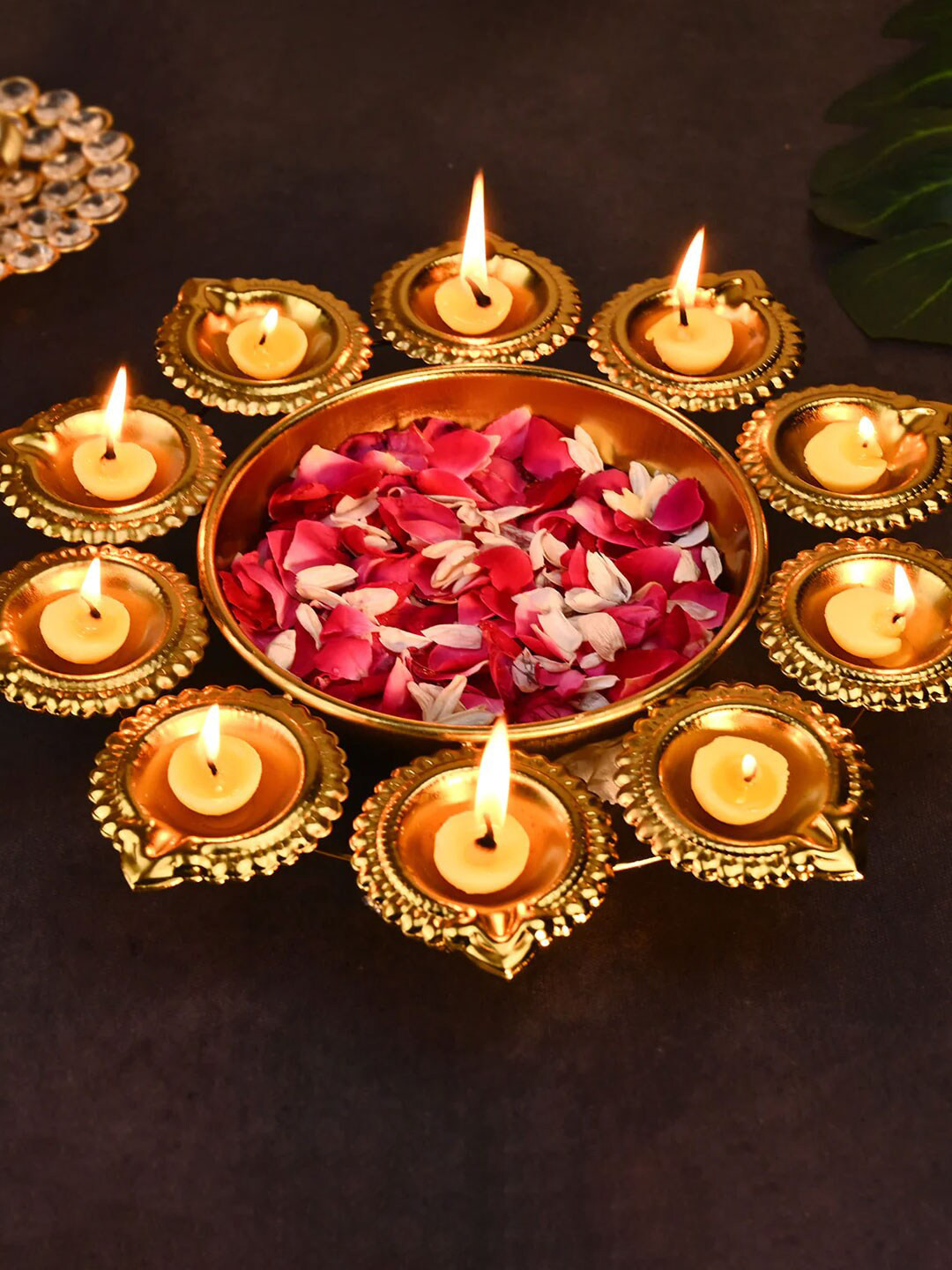 DecorTwist Gold Toned Floral Diya Urli Decorative Bowls