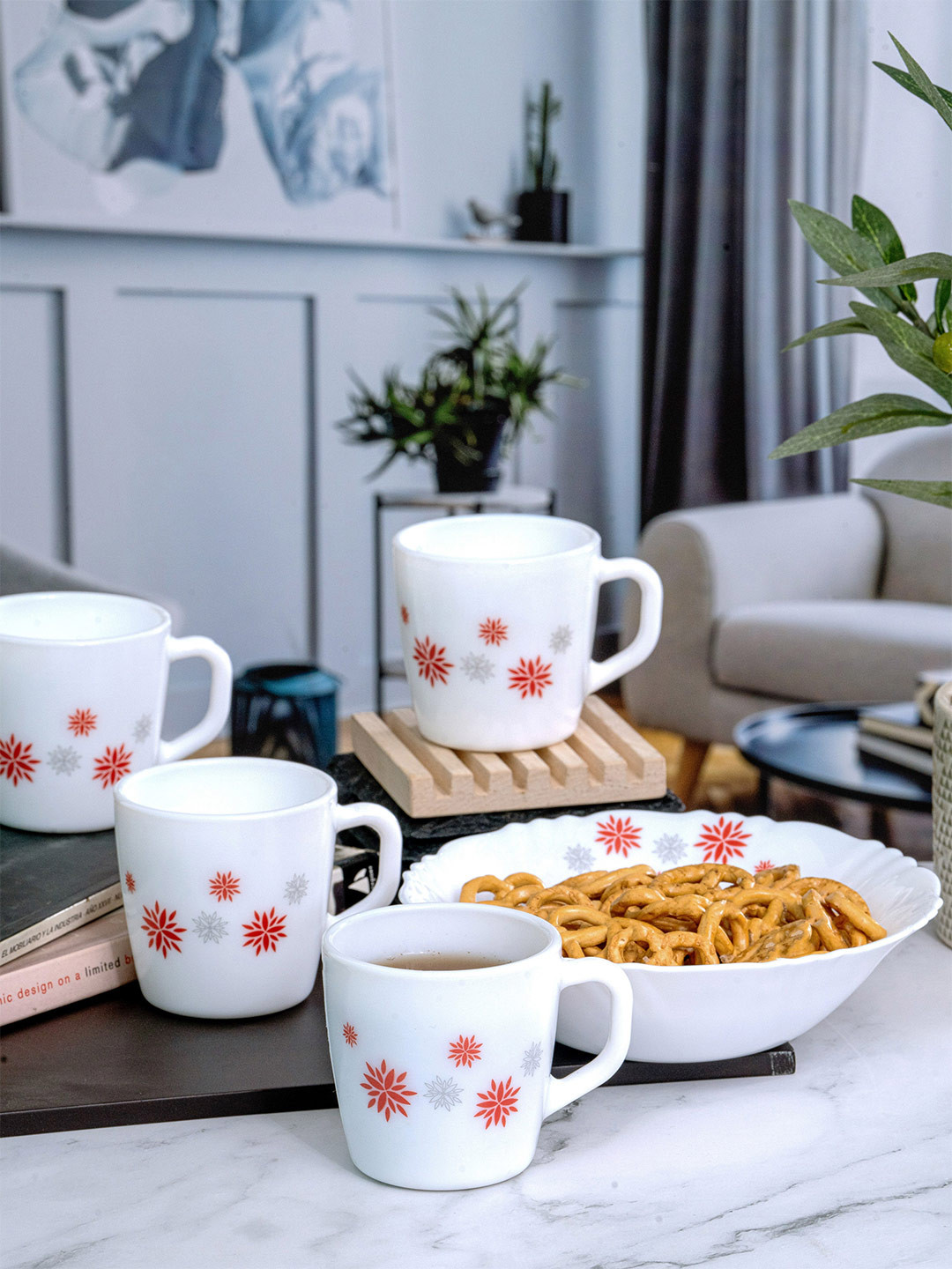 Cello My Best Husband I Love You White Floral Opalware Handmade 4 Piece Mugs with Bowl-180ml