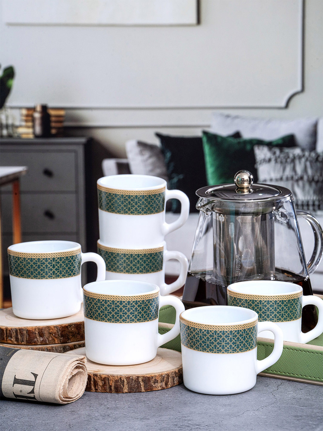 Cello Dreams Come True Unicorn White Ethnic Motifs Opalware Handmade 6 Piece Mugs-100ml