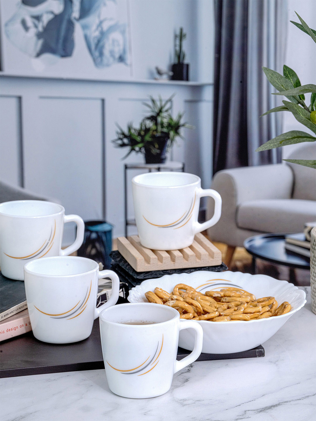 Cello Regalia 5 Pieces White Gift Set of Ricca Mugs & Multipurpose Bowl